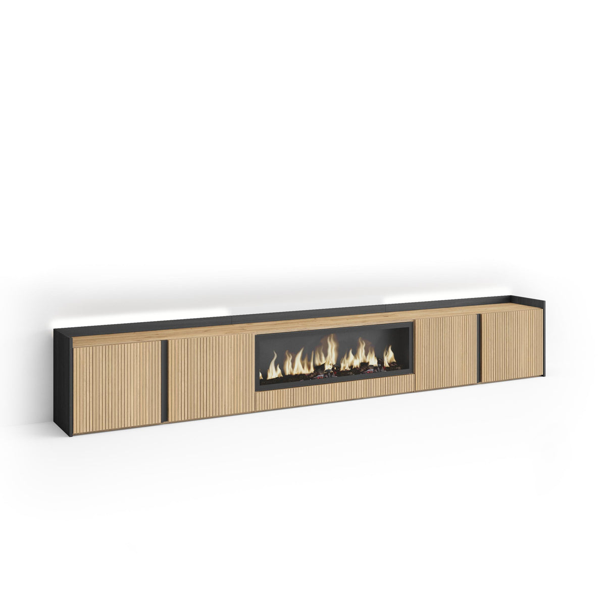 Meuble TV Led 315x50x35 cm Pour les TV jusqu'à 80" Cheminée électrique au centre XXL Chêne et noir