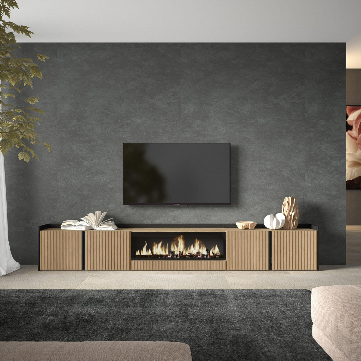 Meuble TV 315x50x35 cm Pour les TV jusqu'à 80" Cheminée électrique au centre XXL Chêne et noir