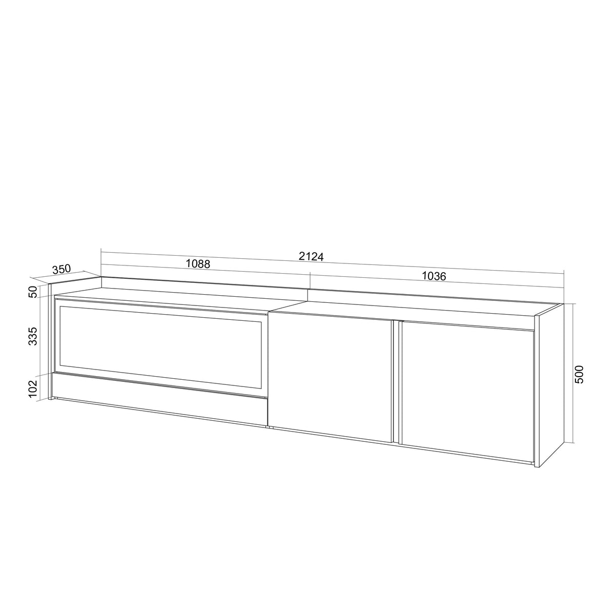 Meuble TV Suspendu Led 212x50x35 cm Pour les TV jusqu'à 80" Cheminée électrique à gauche XXL Mural Chêne et noir