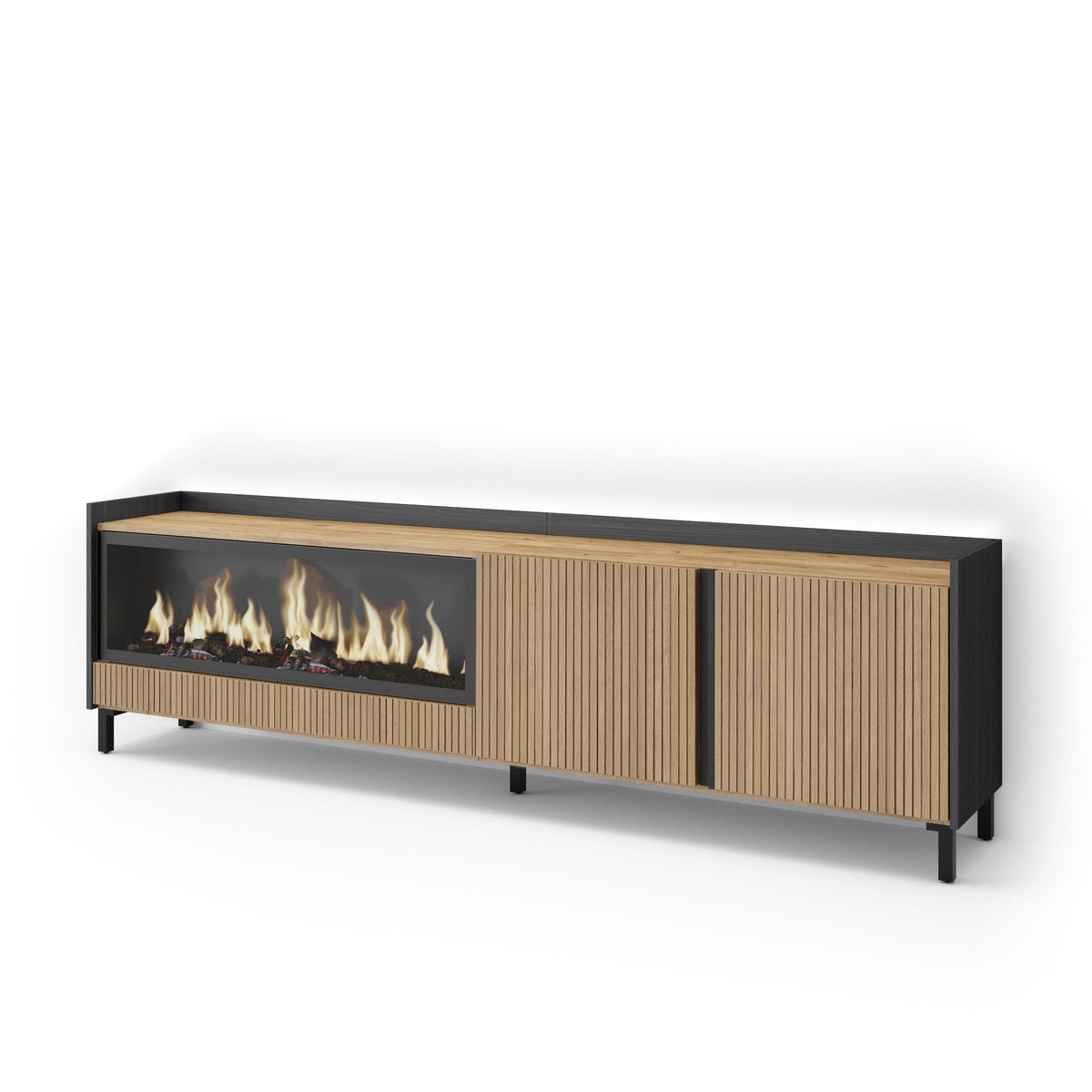 Meuble TV Led 212x61x35 cm Pour les TV jusqu'à 80" Cheminée électrique à gauche XXL Design industriel Chêne et noir