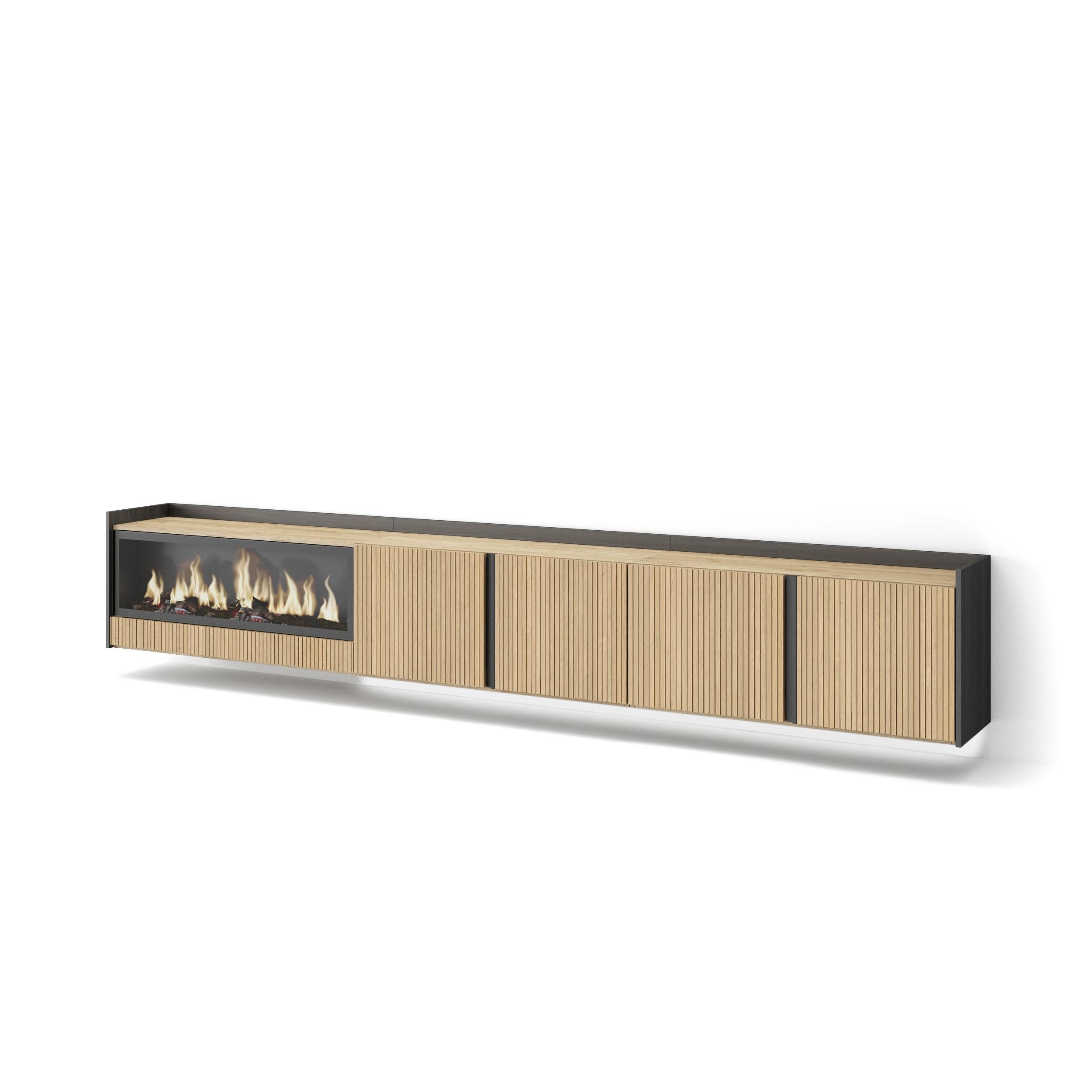 Meuble TV Suspendu Led 315x50x35 cm Pour les TV jusqu'à 80" Cheminée électrique à gauche XXL Mural Chêne et noir