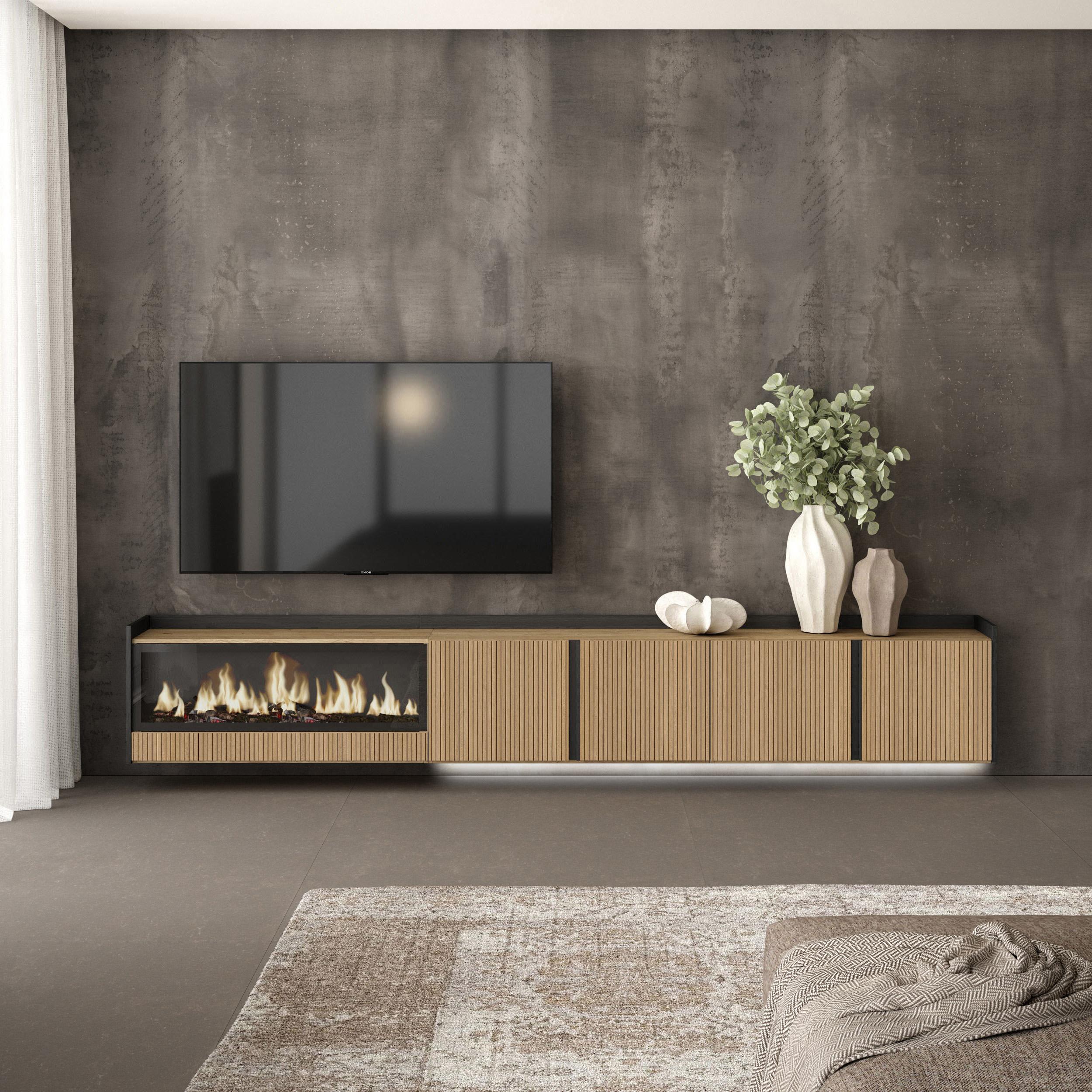 Meuble TV Suspendu Led 315x50x35 cm Pour les TV jusqu'à 80" Cheminée électrique à gauche XXL Mural Chêne et noir