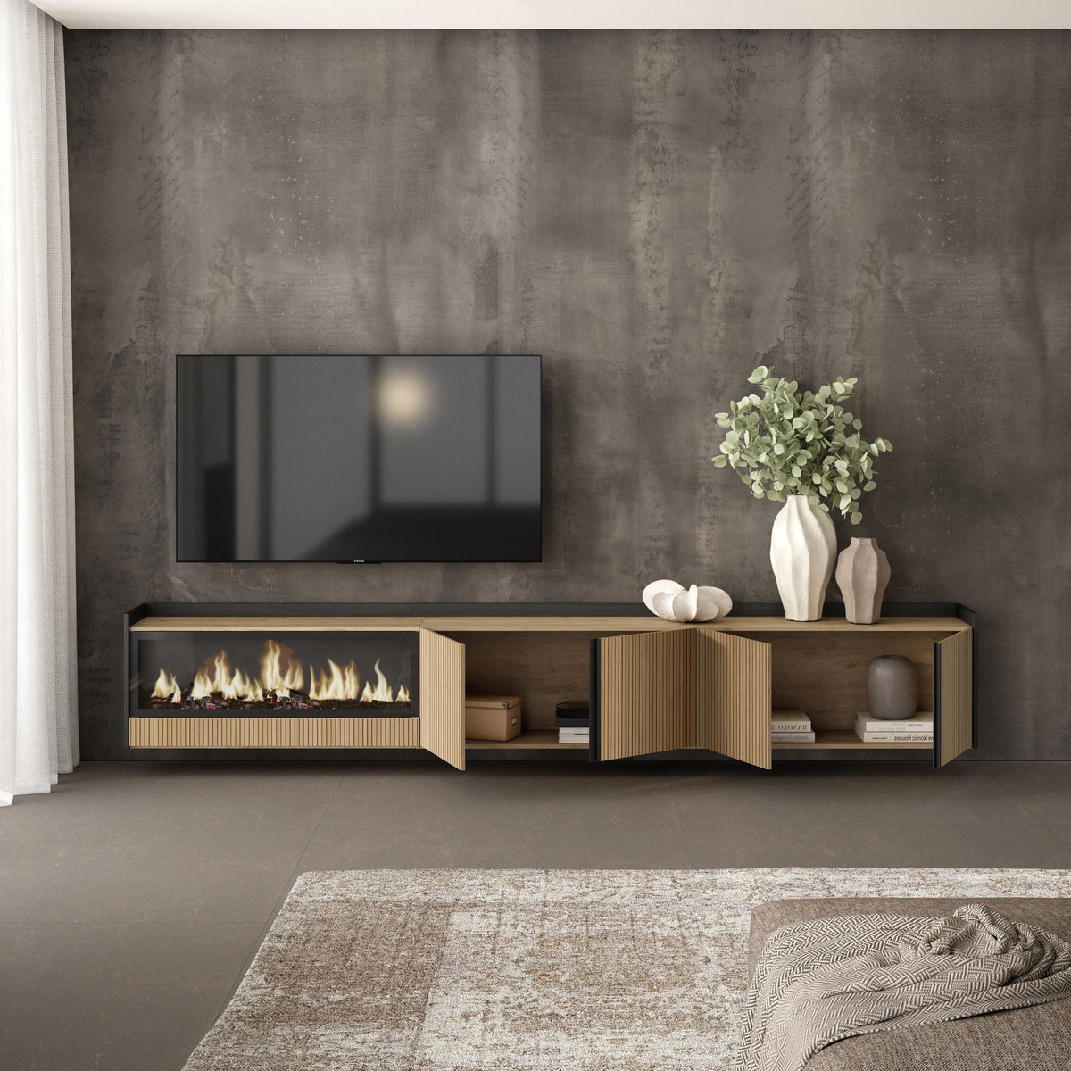 Meuble TV Suspendu 315x50x35 cm Pour les TV jusqu'à 80" Cheminée électrique à gauche XXL Mural Chêne et noir