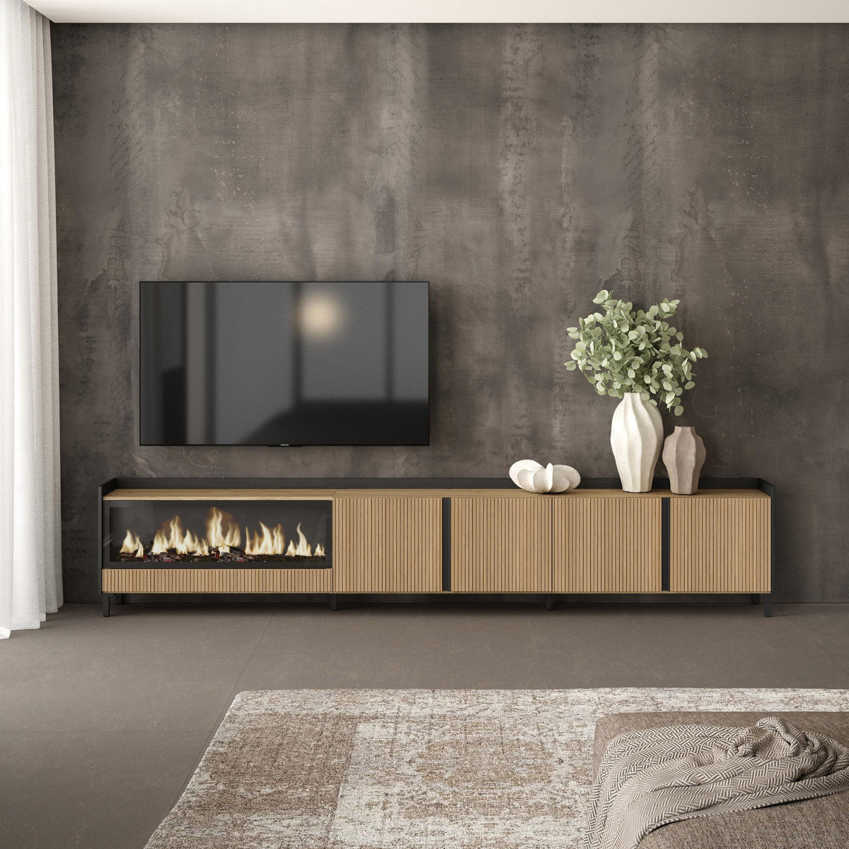 Meuble TV 315x61x35 cm Pour les TV jusqu'à 80" Cheminée électrique à gauche XXL Design industriel Chêne et noir