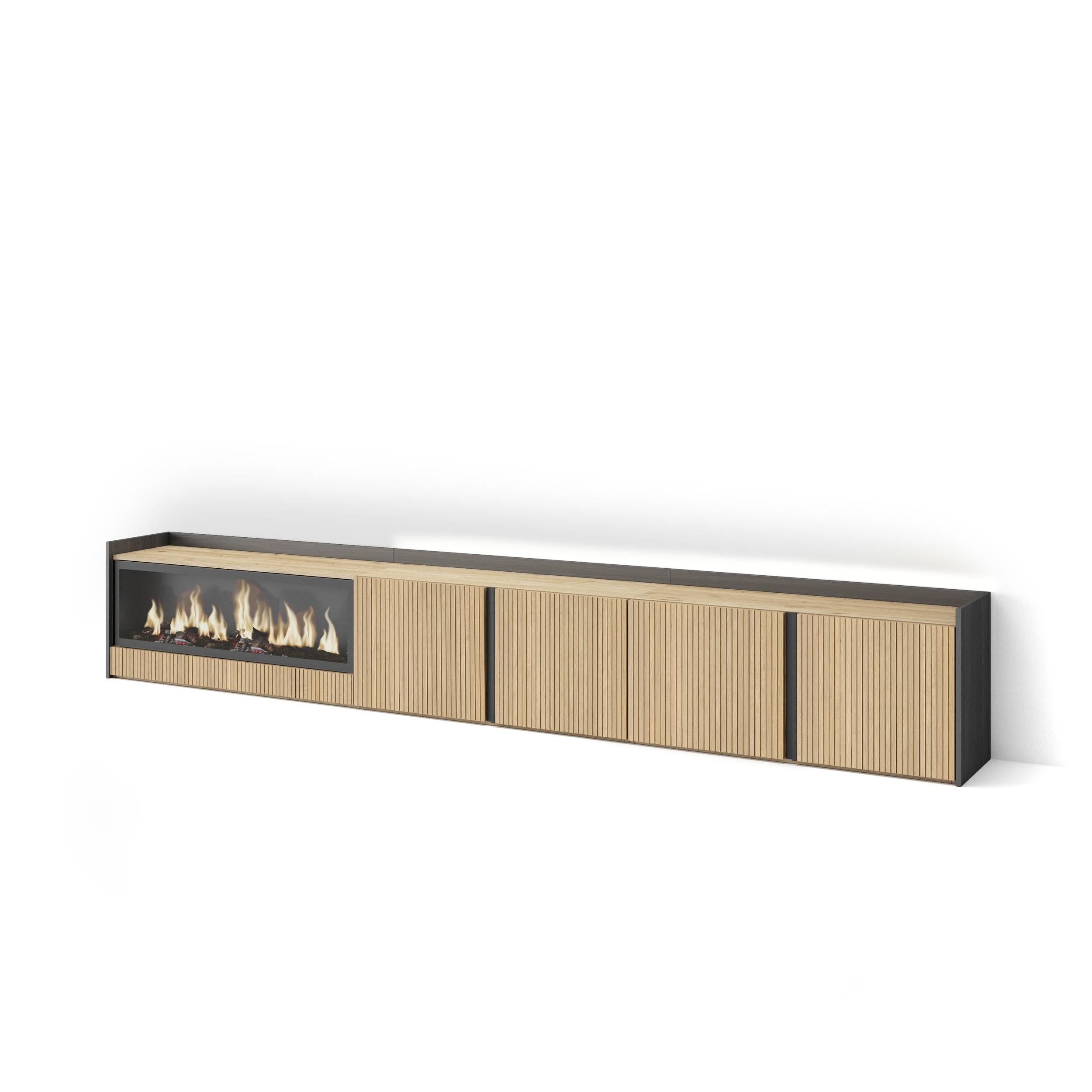 Meuble TV Led 315x50x35 cm Pour les TV jusqu'à 80" Cheminée électrique à gauche XXL Chêne et noir