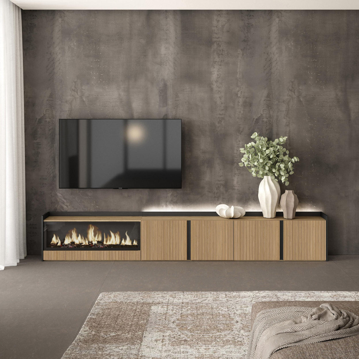 Meuble TV Led 315x50x35 cm Pour les TV jusqu'à 80" Cheminée électrique à gauche XXL Chêne et noir