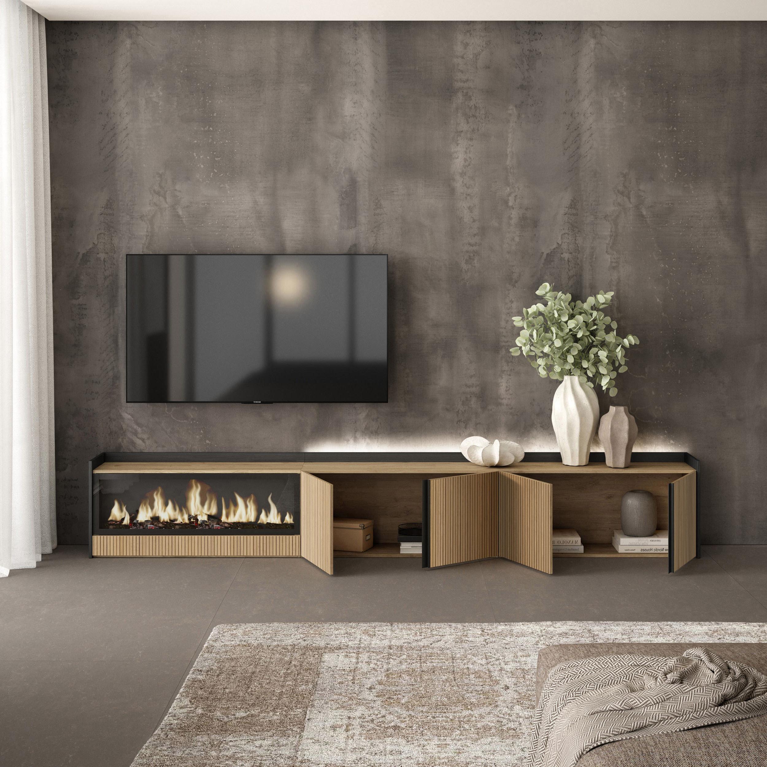 Meuble TV Led 315x50x35 cm Pour les TV jusqu'à 80" Cheminée électrique à gauche XXL Chêne et noir