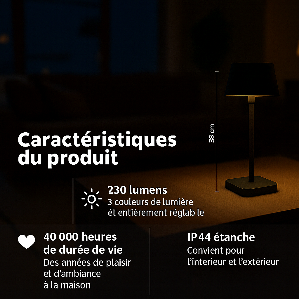 Lampe de table - Rechargeable - Intensité variable avec mode mémoire - 3 niveaux d'éclairage - 38 cm - Or