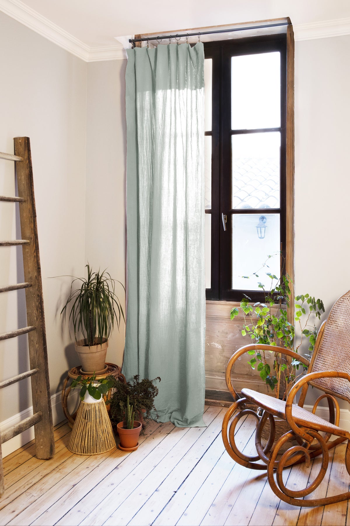 Rideau ajustable + 8 anneaux pince 140 x 300 cm Gaze de coton unie GAÏA Eucalyptus
