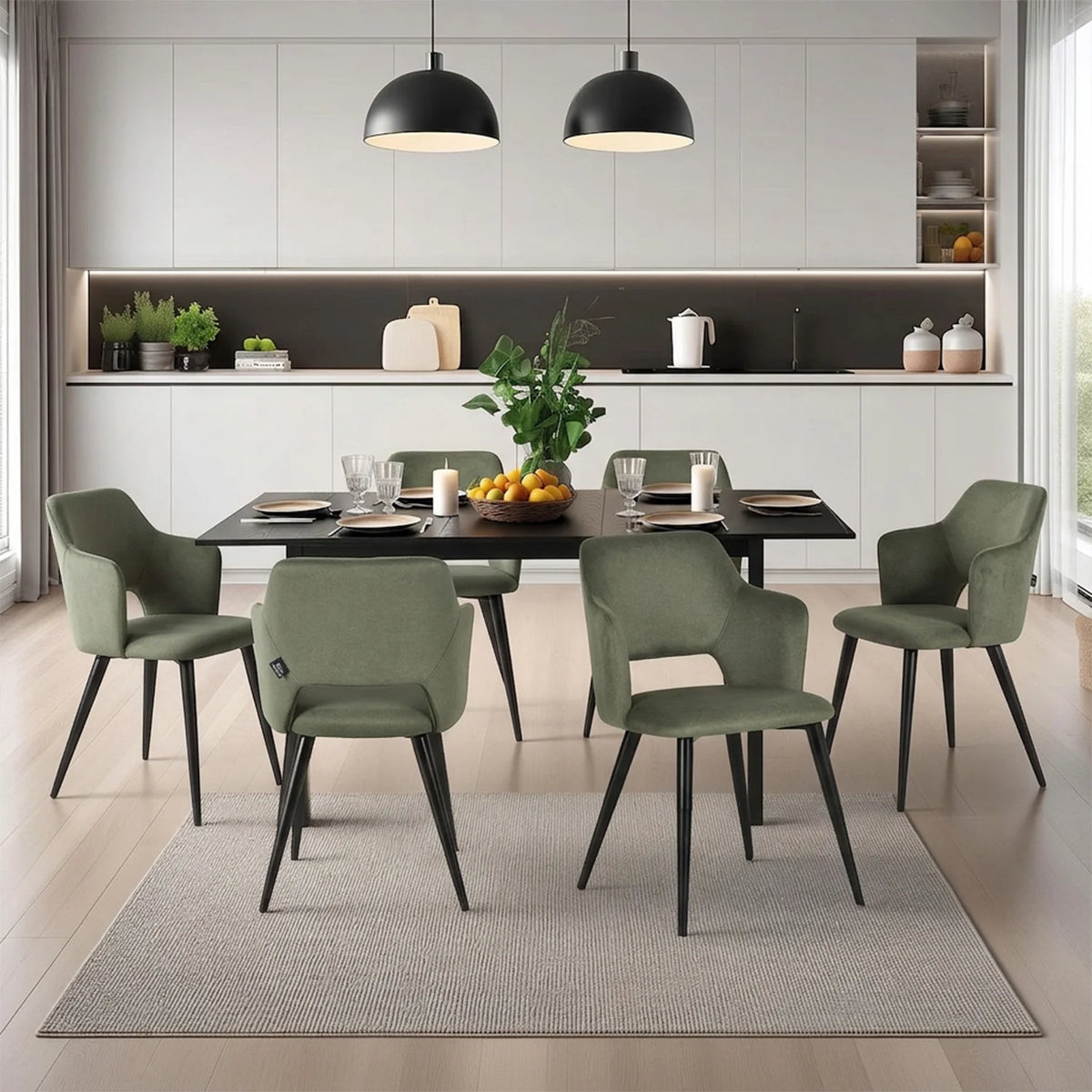 Bari & Akanji - Ensemble repas : table extensible noire 4 à 6 personnes et 4 fauteuils scandinaves en tissu vert