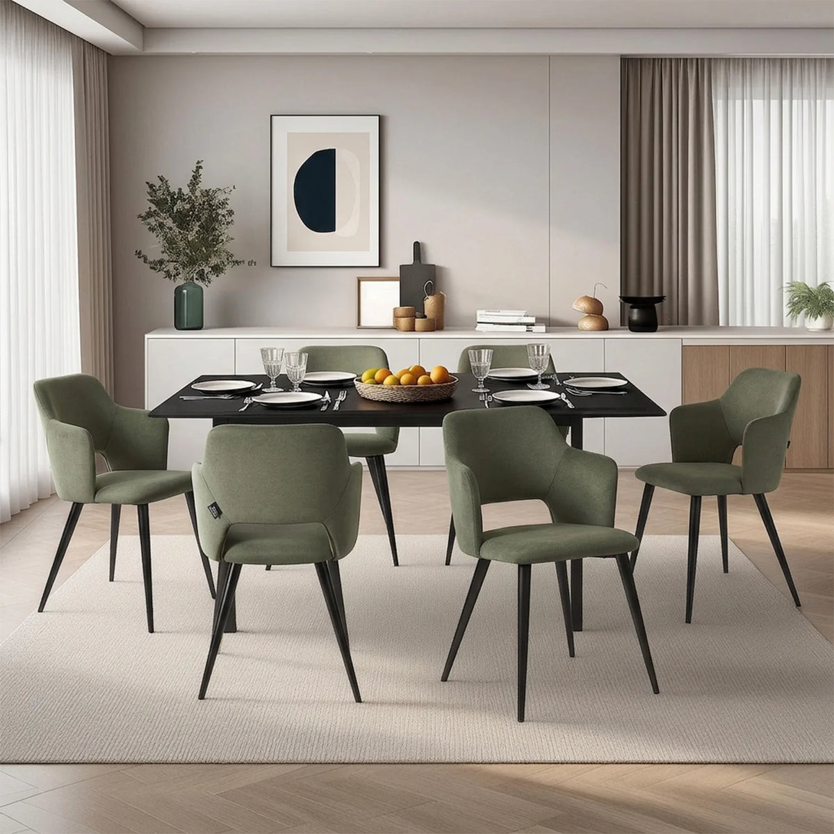 Bari & Akanji - Ensemble repas : table extensible noire 4 à 6 personnes et 4 fauteuils scandinaves en tissu vert
