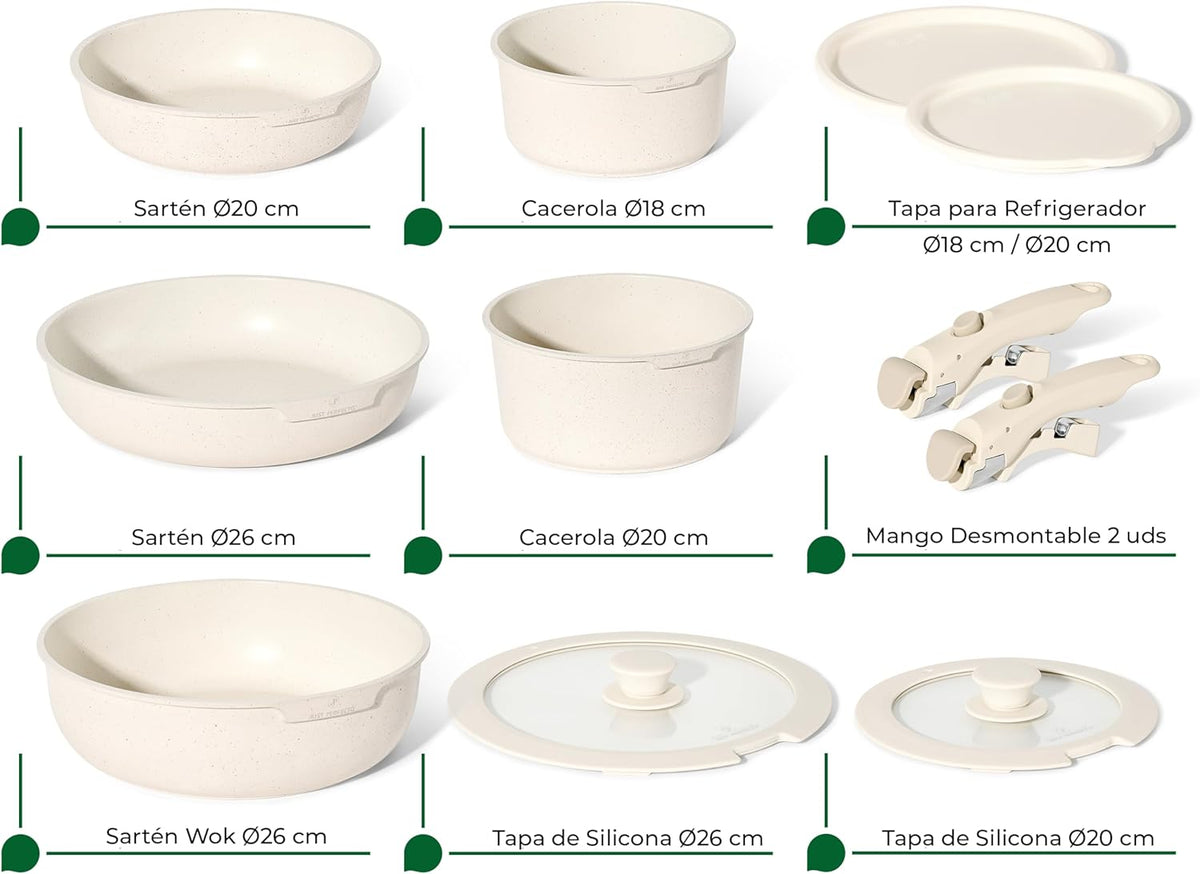 Batterie de cuisine 18 pièces avec poignées amovibles en Granit beige - Tous feux dont induction