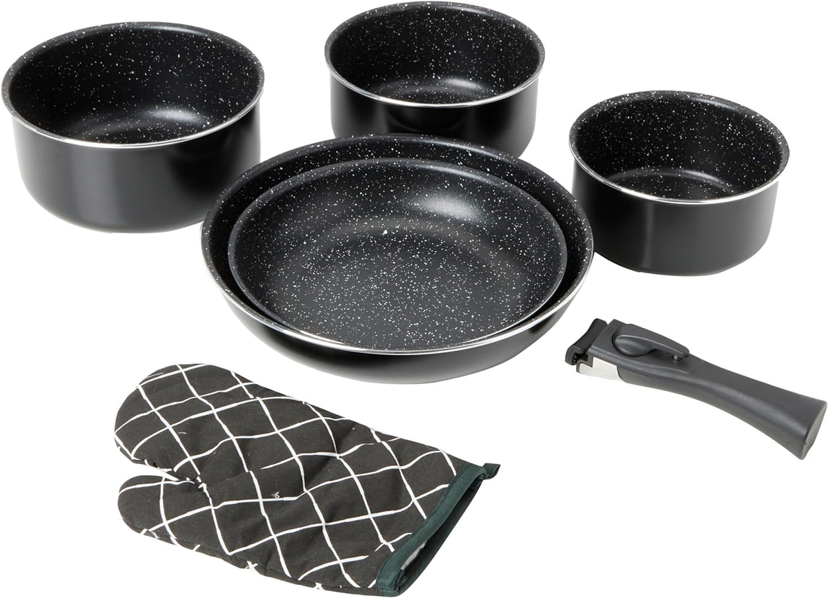 Batterie de cuisine revêtement pierre avec manche amovible 7 pièces noir