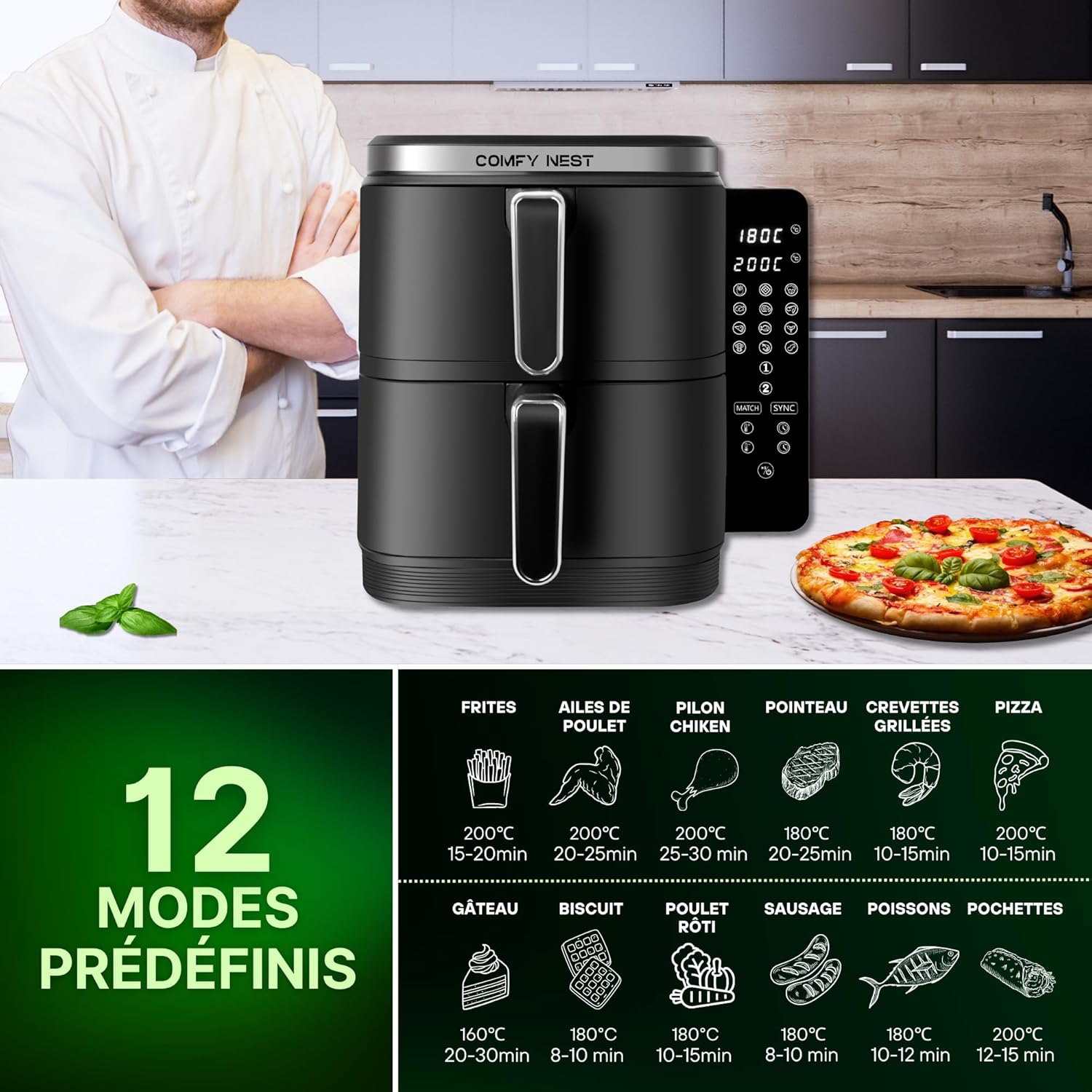 Friteuse à air chaud Air fryer double panier verticale  11L 2800W
