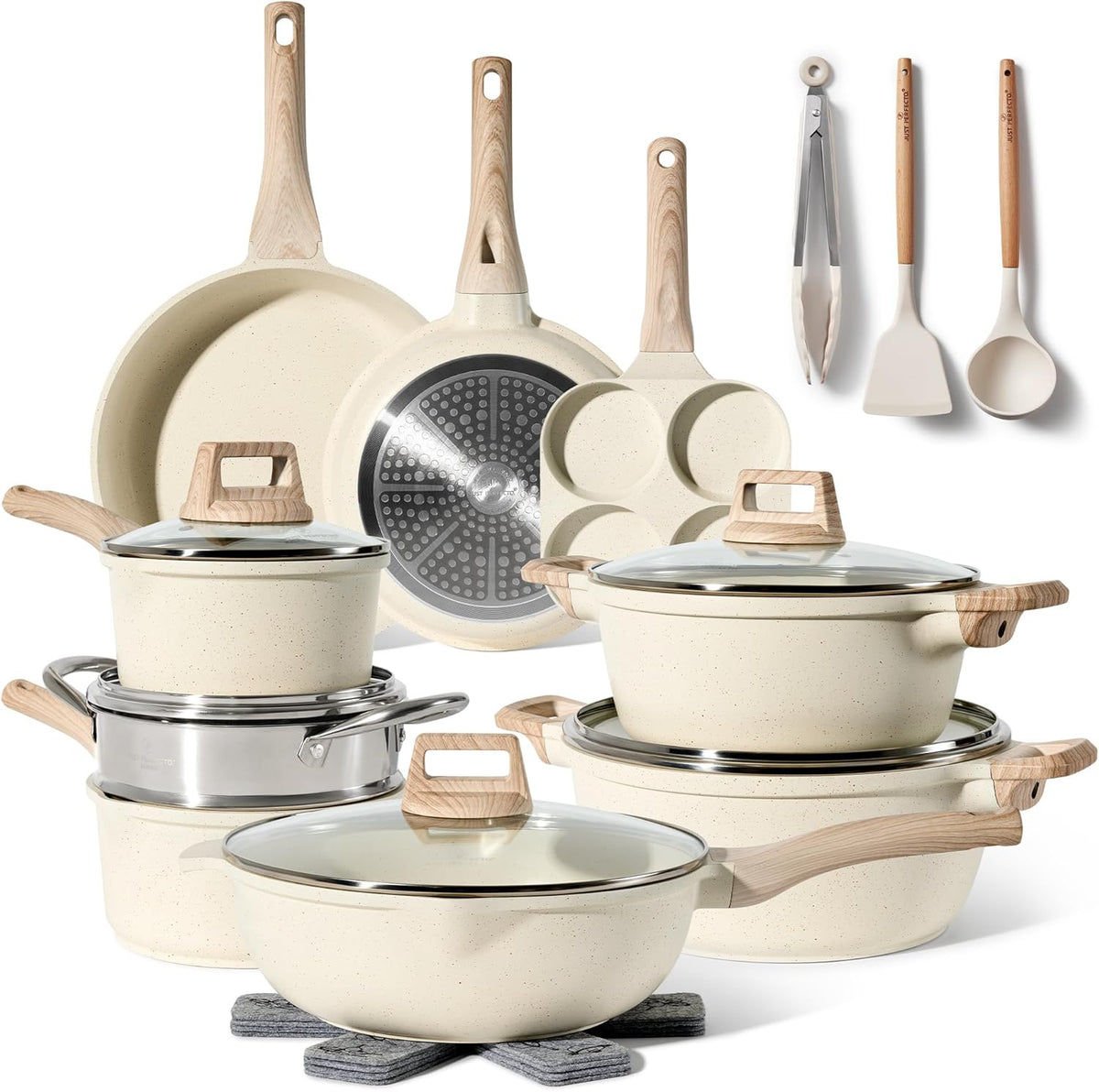 Batterie de cuisine 21 pièces antiadhésives en Granit beige - Tous feux dont induction