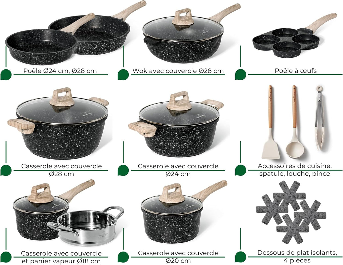 Batterie de cuisine 21 pièces antiadhésives en Granit Noir - Tous feux dont induction