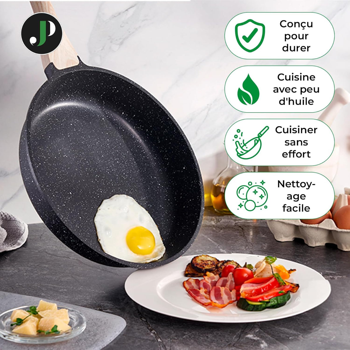 Batterie de cuisine 21 pièces antiadhésives en Granit Noir - Tous feux dont induction