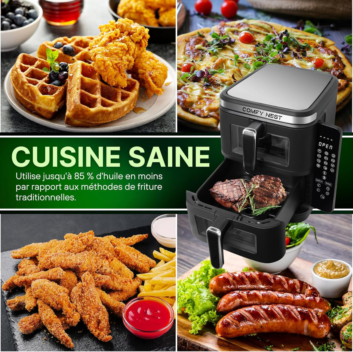 Friteuse à air chaud Air fryer double panier verticale avec fenêtre 11L 2800W