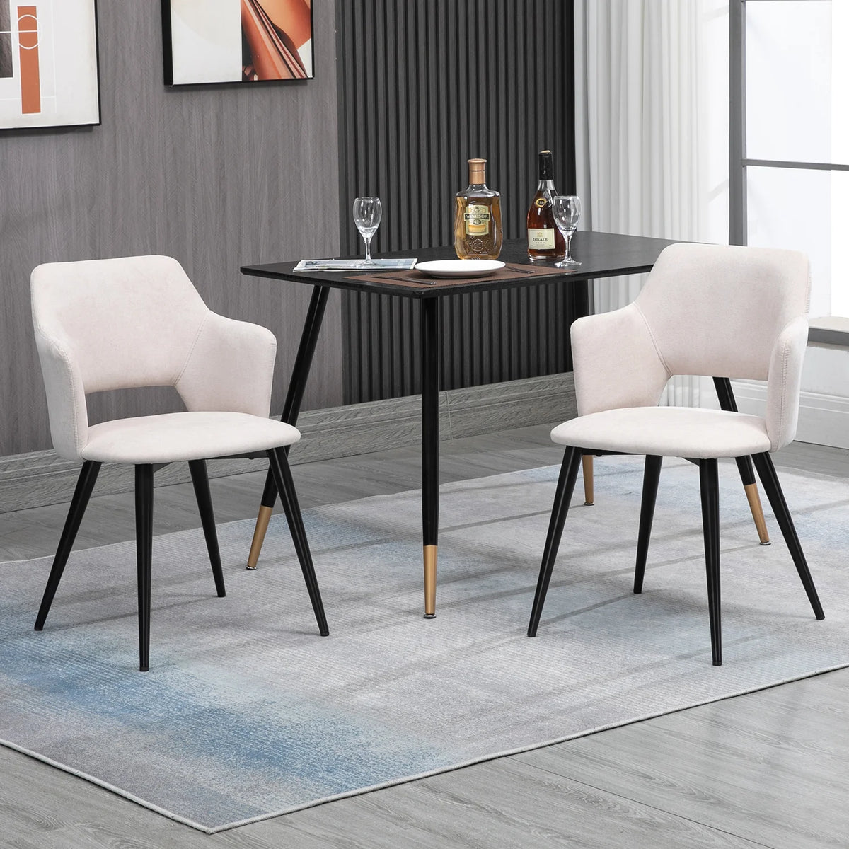 Ensemble de 2 chaises de salle à manger contemporaines en tissu beige, pieds en métal noir