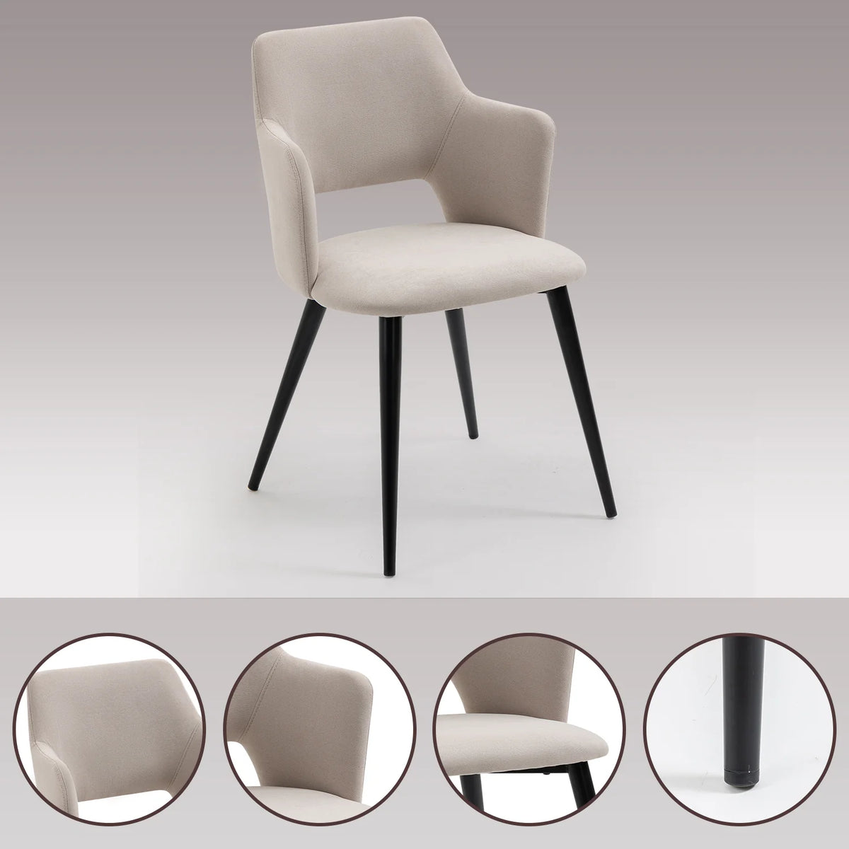 Ensemble de 2 chaises de salle à manger contemporaines en tissu beige, pieds en métal noir