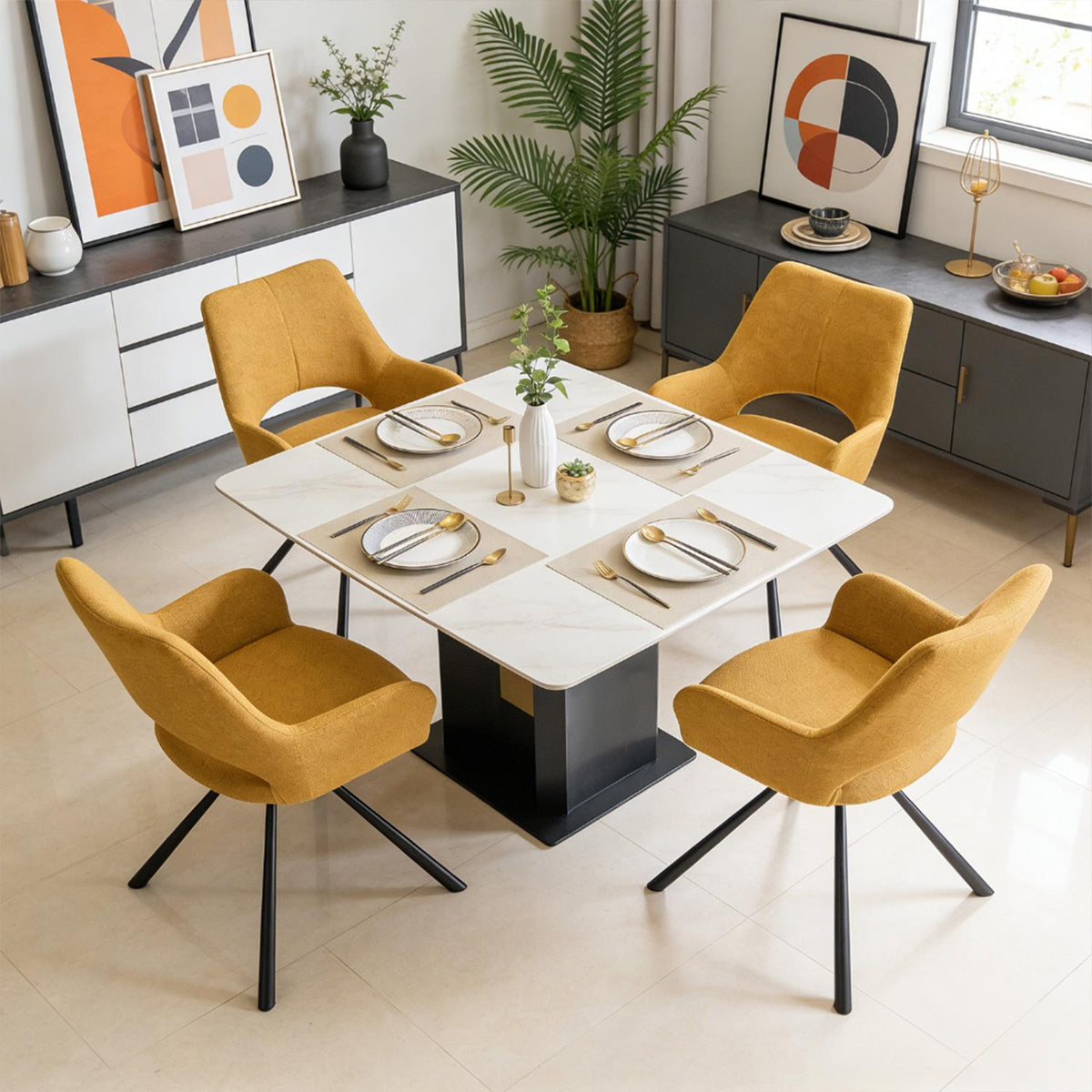 Beth - Ensemble de 2 chaises de salle à manger contemporaines en tissu jaune, pieds en métal jaune