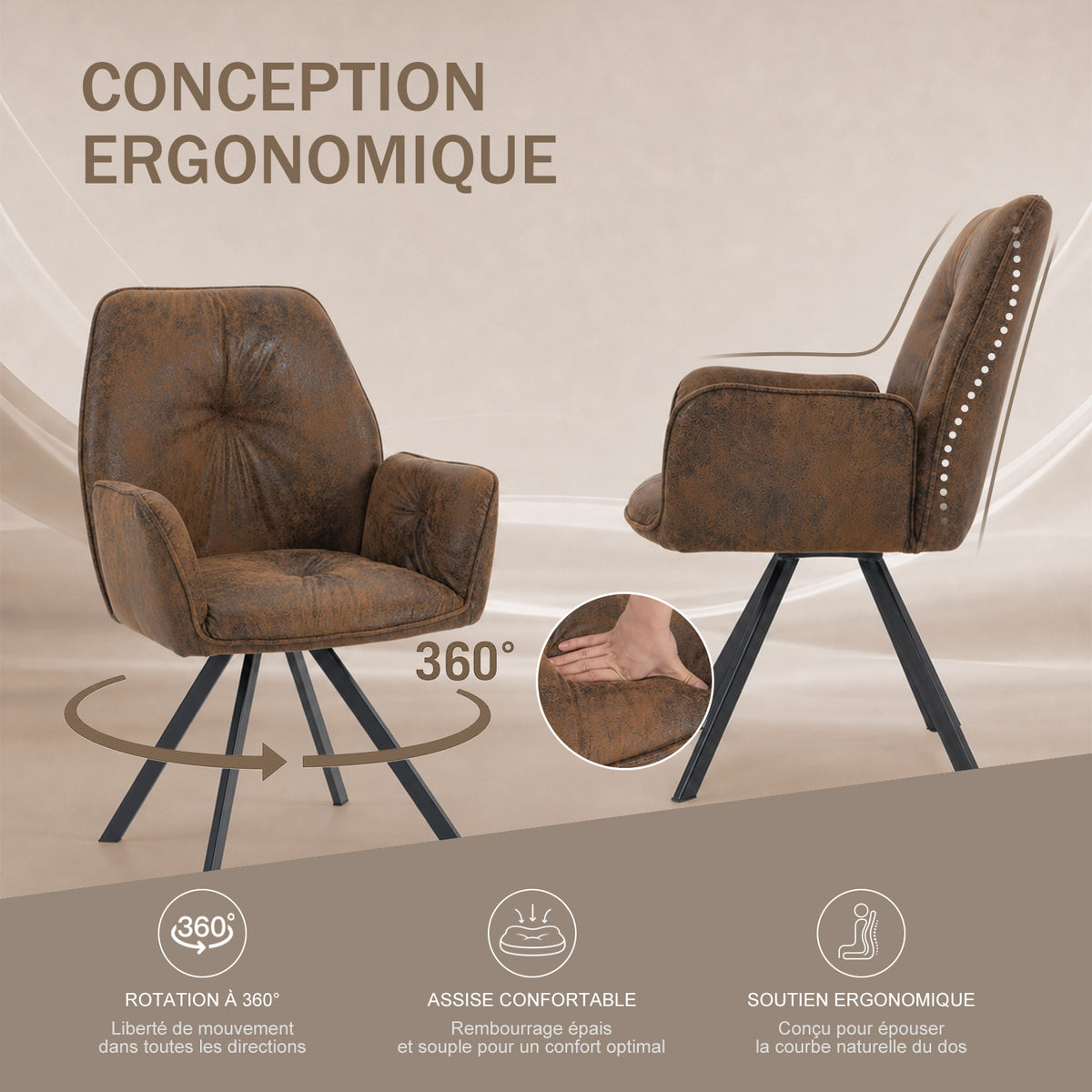 Ensemble de 2 chaises de salle à manger pivotantes 360° en suédine brune avec accoudoirs