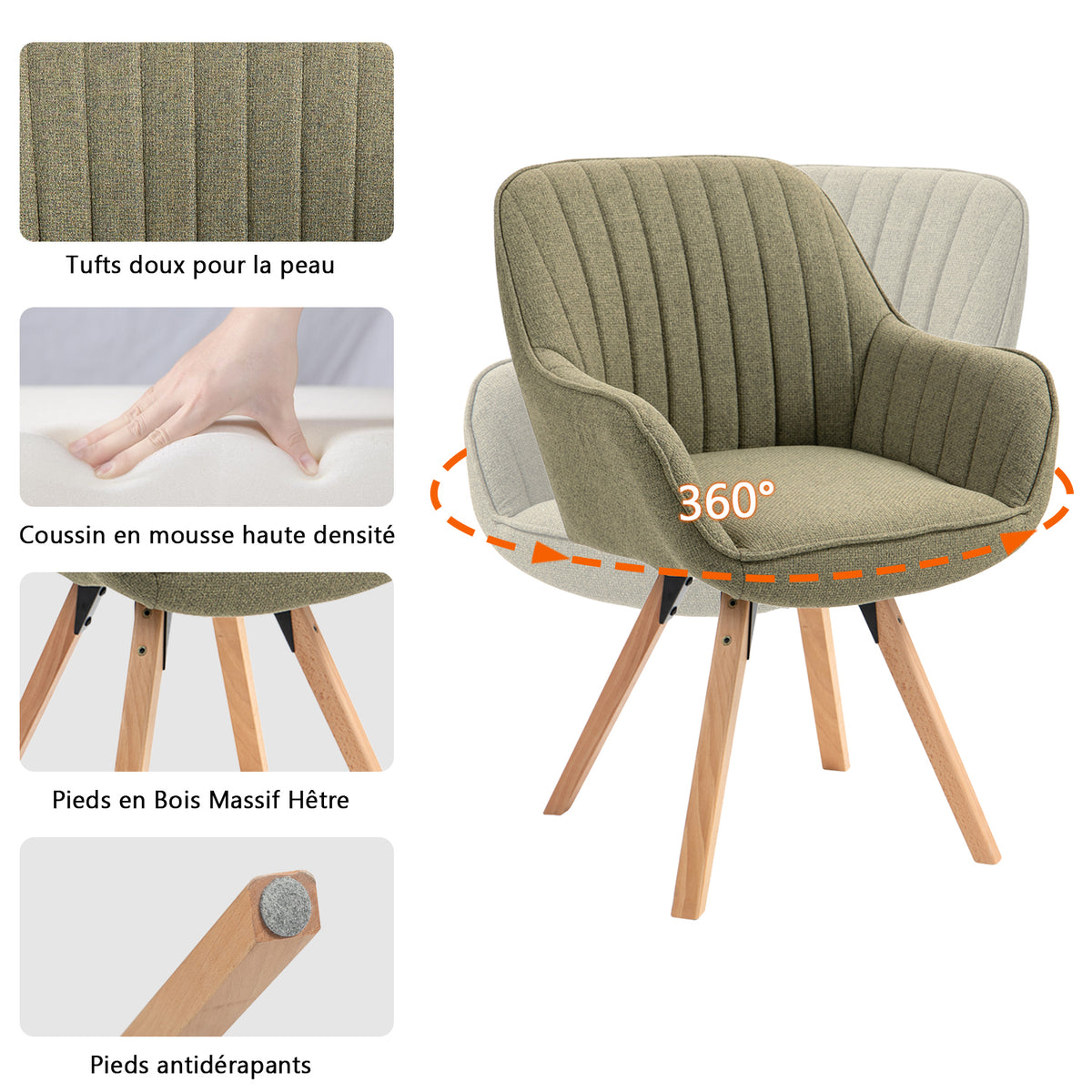 Carson - Chaise de salle à manger pivotante 360° en tissu vert avec accoudoirs et pieds en bois