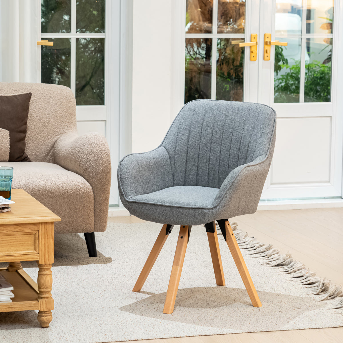 Carson - Chaise de salle à manger pivotante 360° en tissu gris avec accoudoirs et pieds en bois