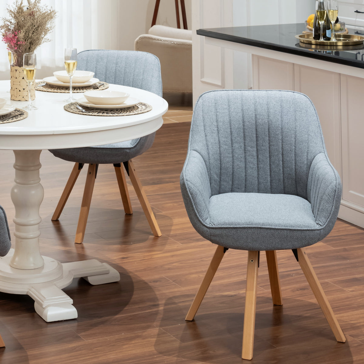 Carson - Chaise de salle à manger pivotante 360° en tissu gris avec accoudoirs et pieds en bois