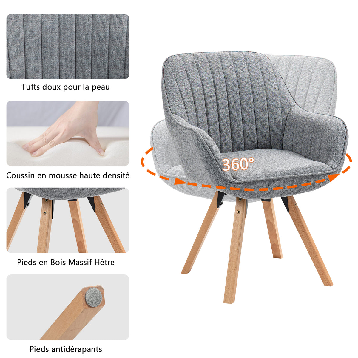 Carson - Chaise de salle à manger pivotante 360° en tissu gris avec accoudoirs et pieds en bois