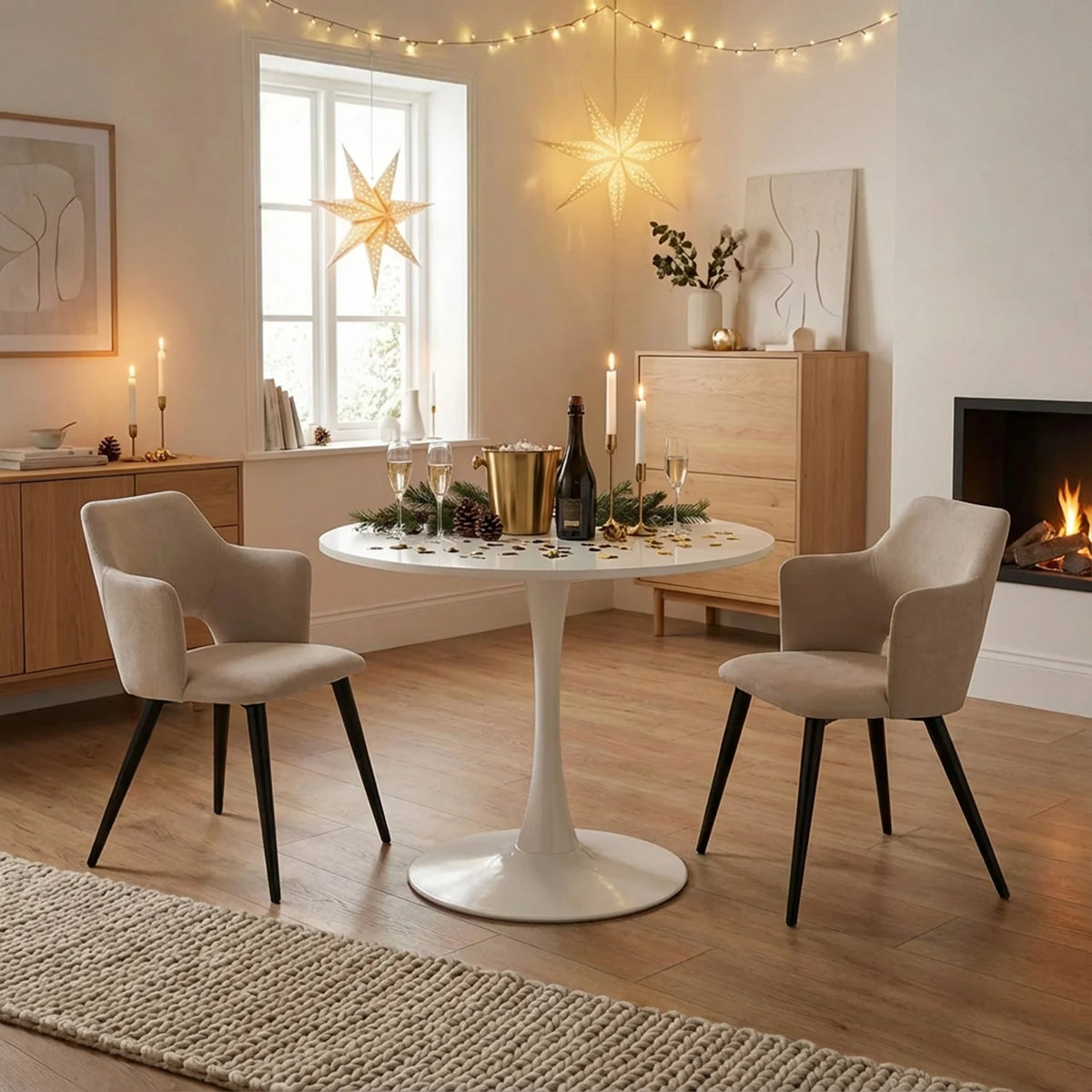 Ensemble de 2 chaises de salle à manger contemporaines en tissu beige, pieds en métal noir