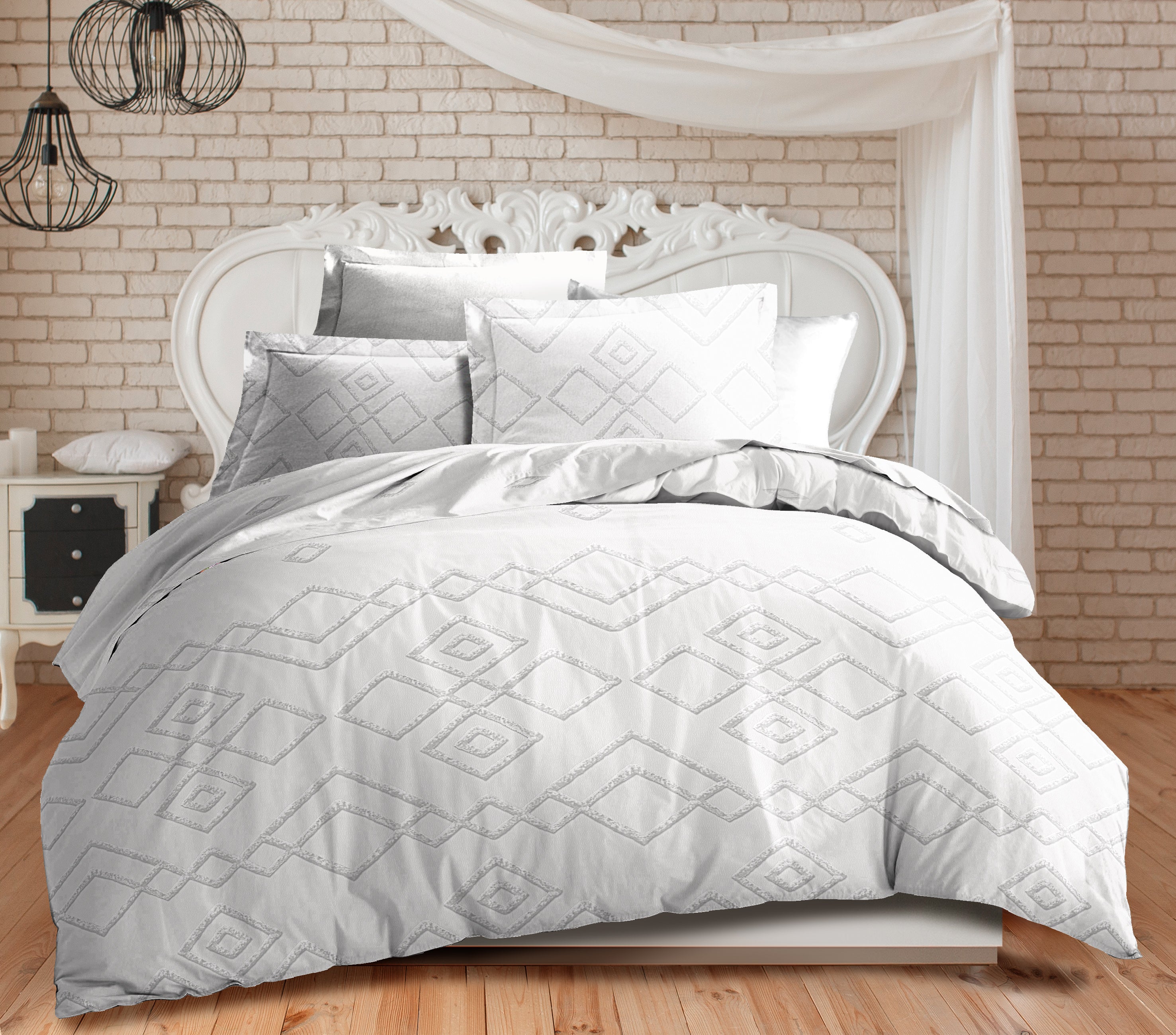 Parure de draps  4 pièces "Louna" drap housse 160 Losange Gris