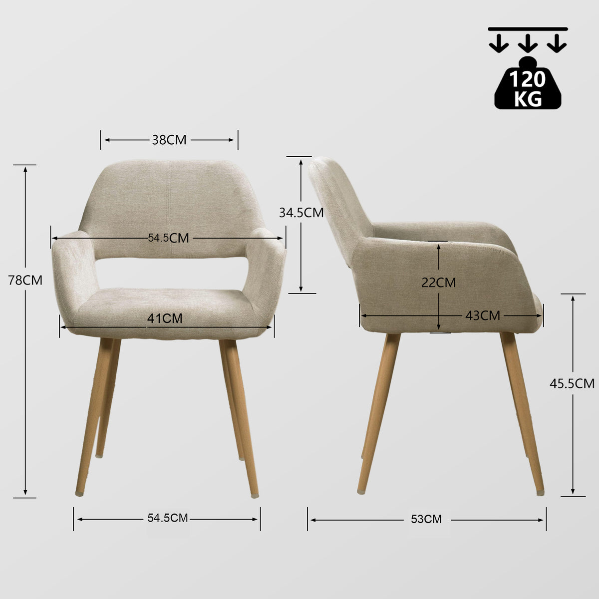 Cromwell - Ensemble de 2 fauteuils de salle à manger scandinaves avec accoudoirs en tissu beige et pieds imitation chêne