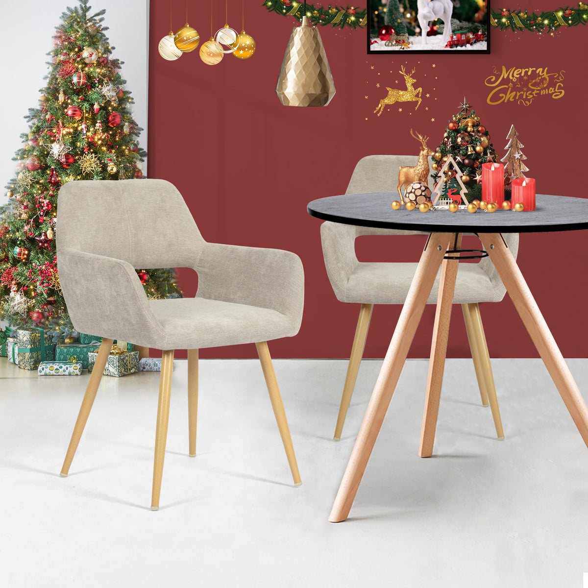 Cromwell - Ensemble de 2 fauteuils de salle à manger scandinaves avec accoudoirs en tissu beige et pieds imitation chêne