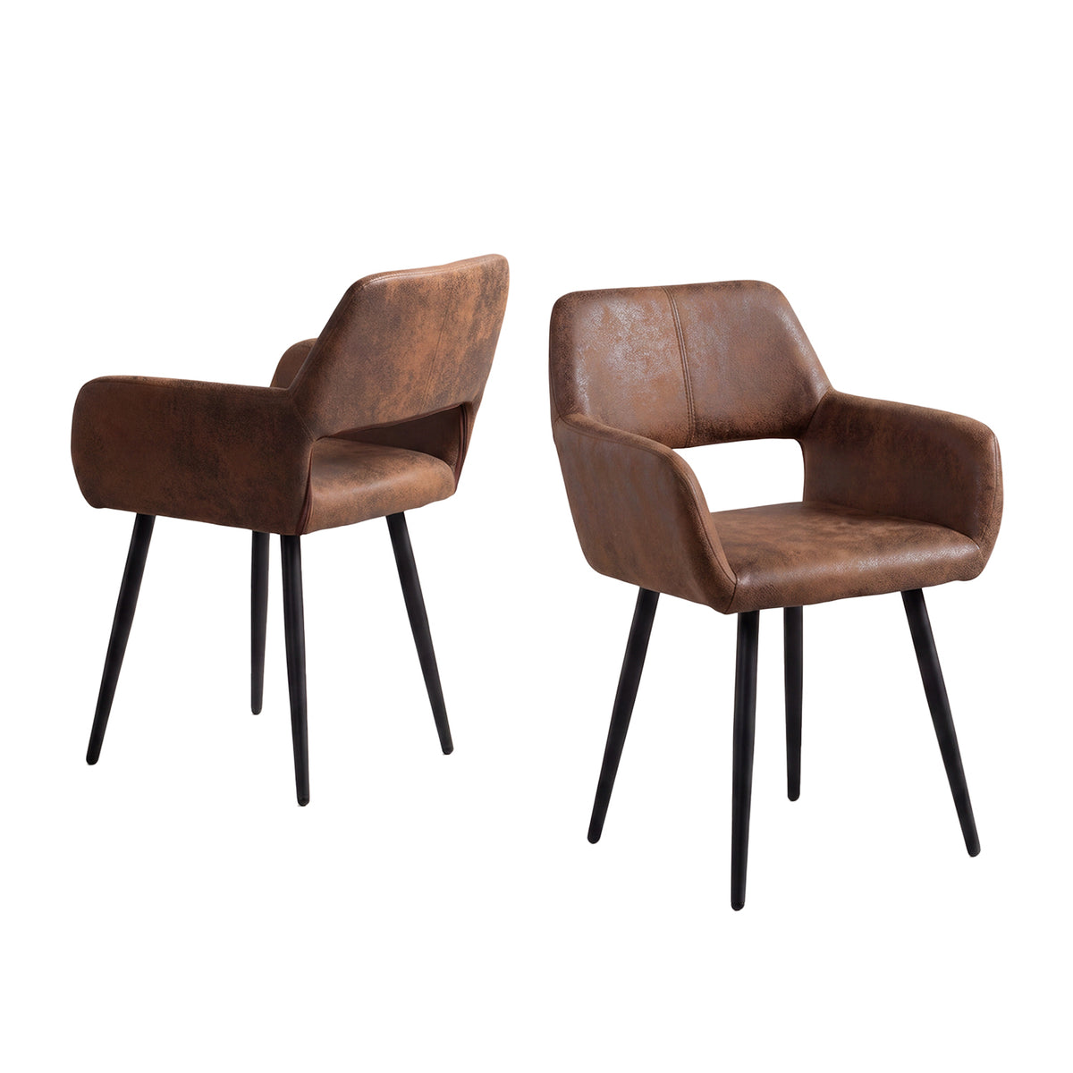 Cromwell - Ensemble de 2 fauteuils de salle à manger industriels avec accoudoirs en suédine brune