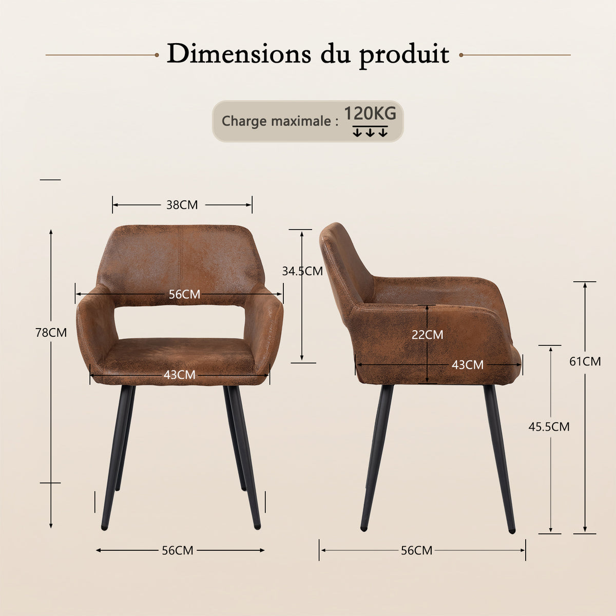 Cromwell - Ensemble de 2 fauteuils de salle à manger industriels avec accoudoirs en suédine brune