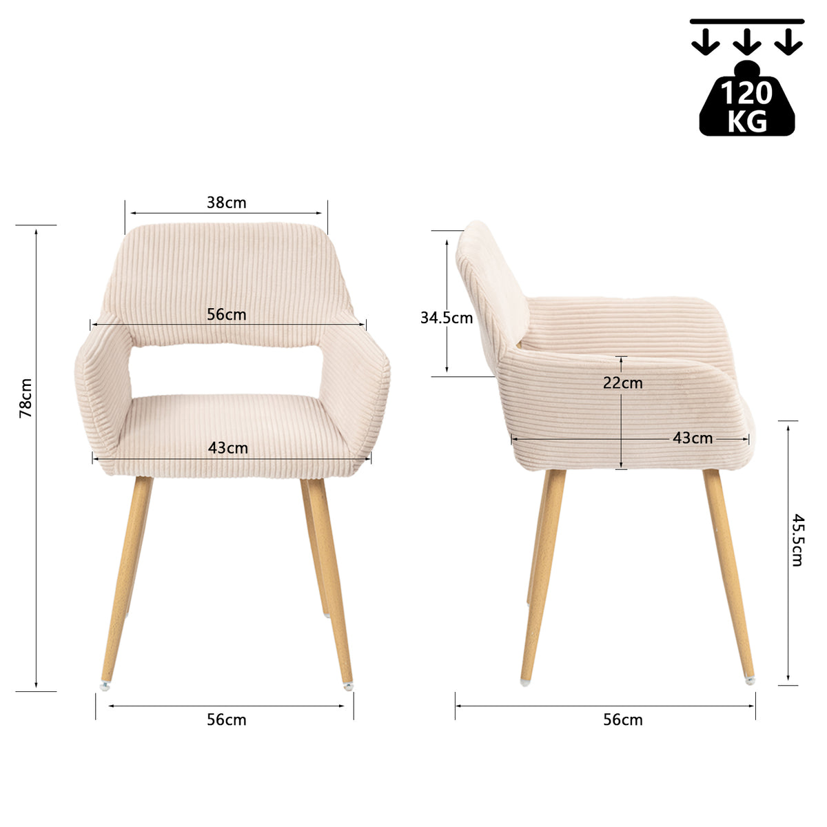 Cromwell - Ensemble de 2 fauteuils de salle à manger scandinaves avec accoudoirs en velours côtelé beige et pieds imitation chêne