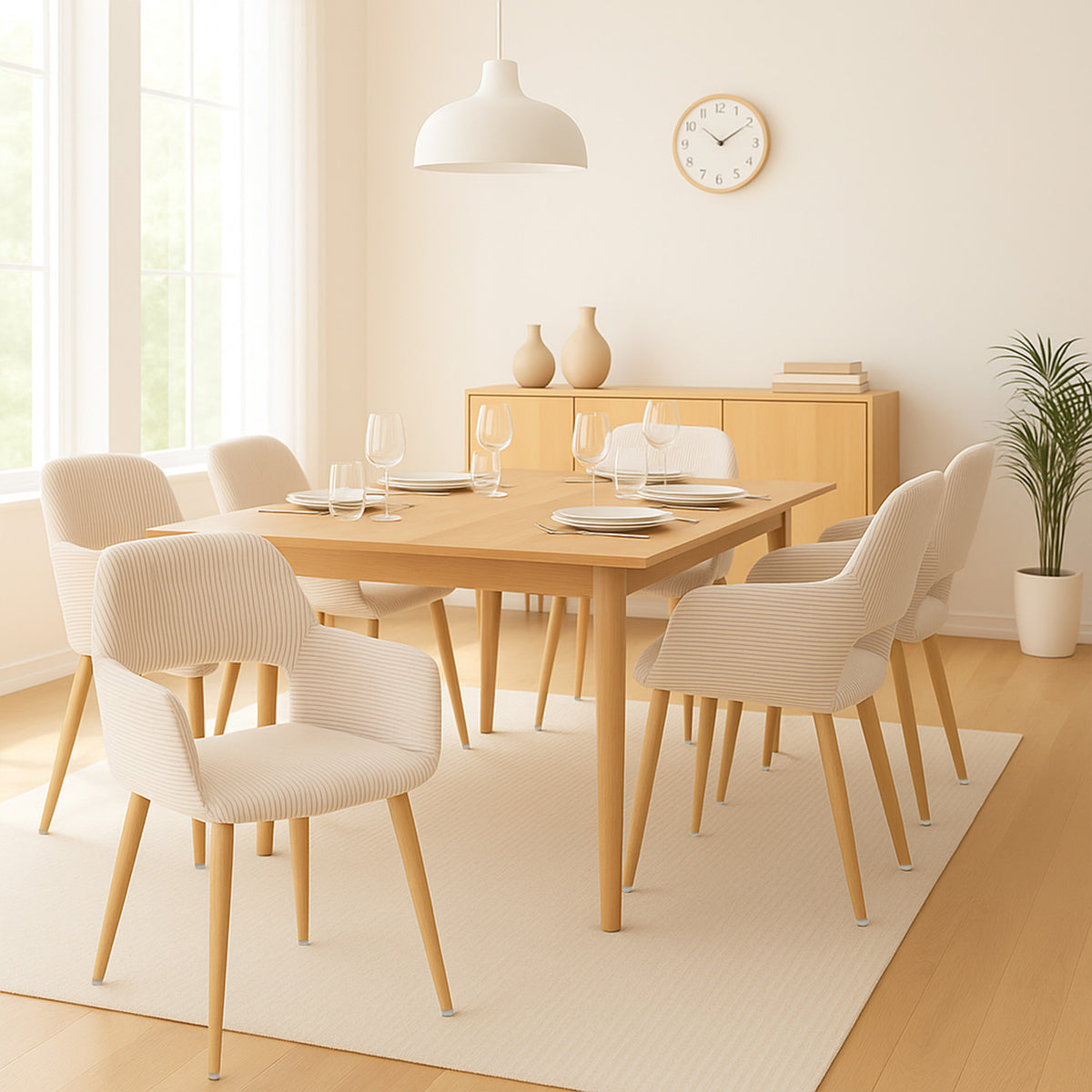 Cromwell - Ensemble de 2 fauteuils de salle à manger scandinaves avec accoudoirs en velours côtelé beige et pieds imitation chêne