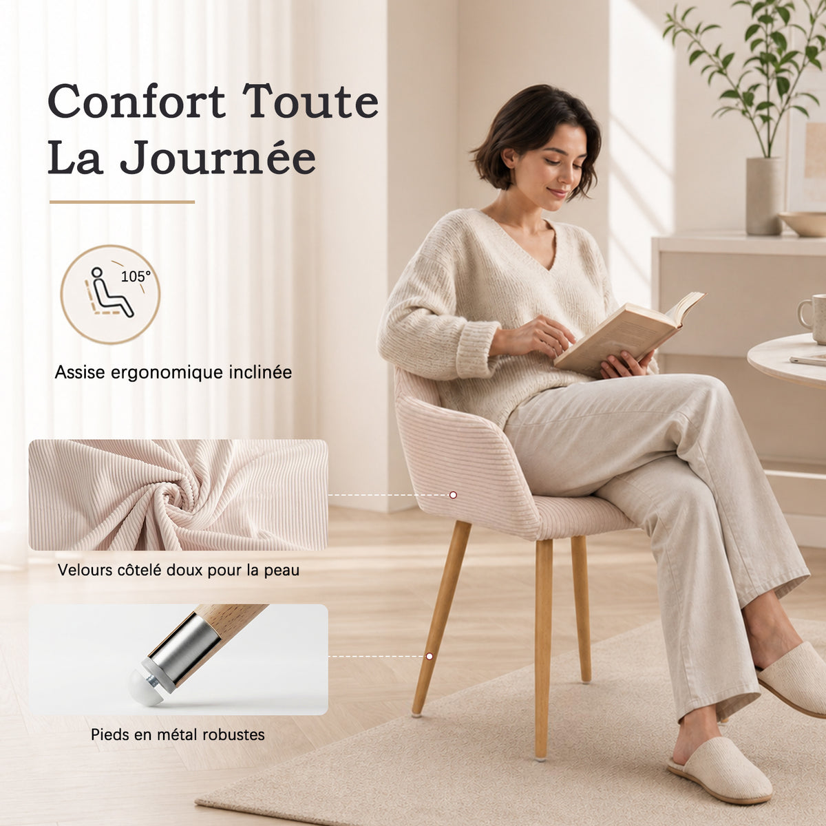 Cromwell - Ensemble de 2 fauteuils de salle à manger scandinaves avec accoudoirs en velours côtelé beige et pieds imitation chêne