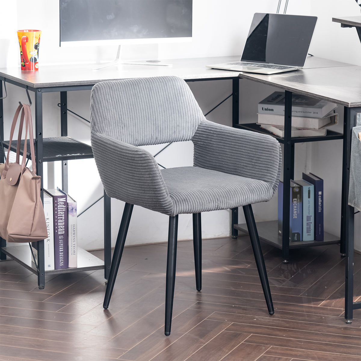 Cromwell - Ensemble de 2 fauteuils de salle à manger scandinaves avec accoudoirs en velours côtelé gris foncé