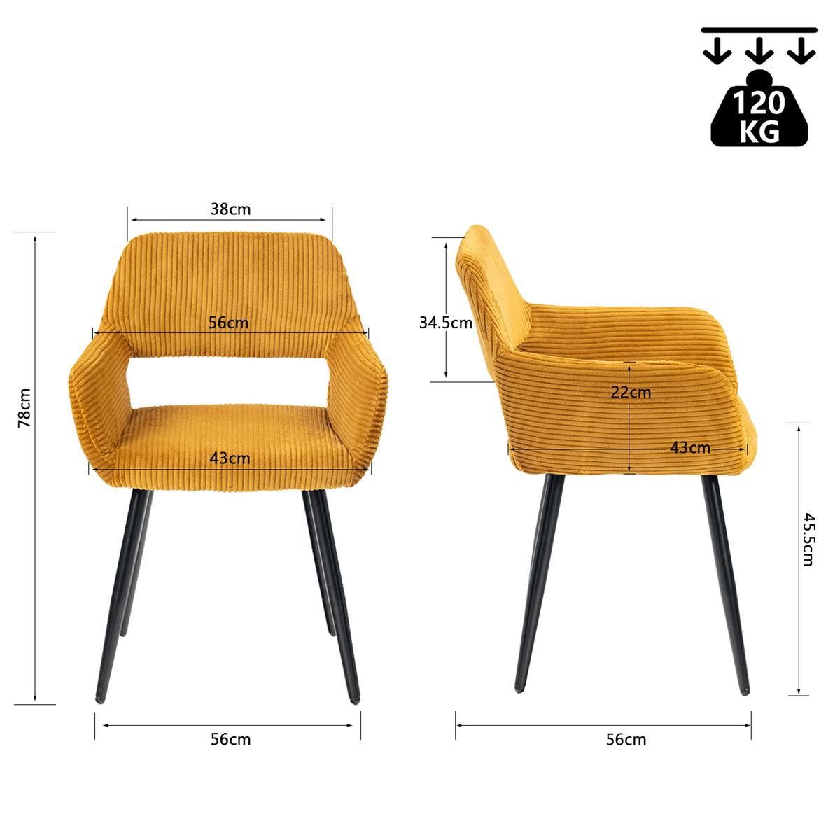Cromwell - Ensemble de 2 fauteuils de salle à manger scandinaves avec accoudoirs en velours côtelé jaune