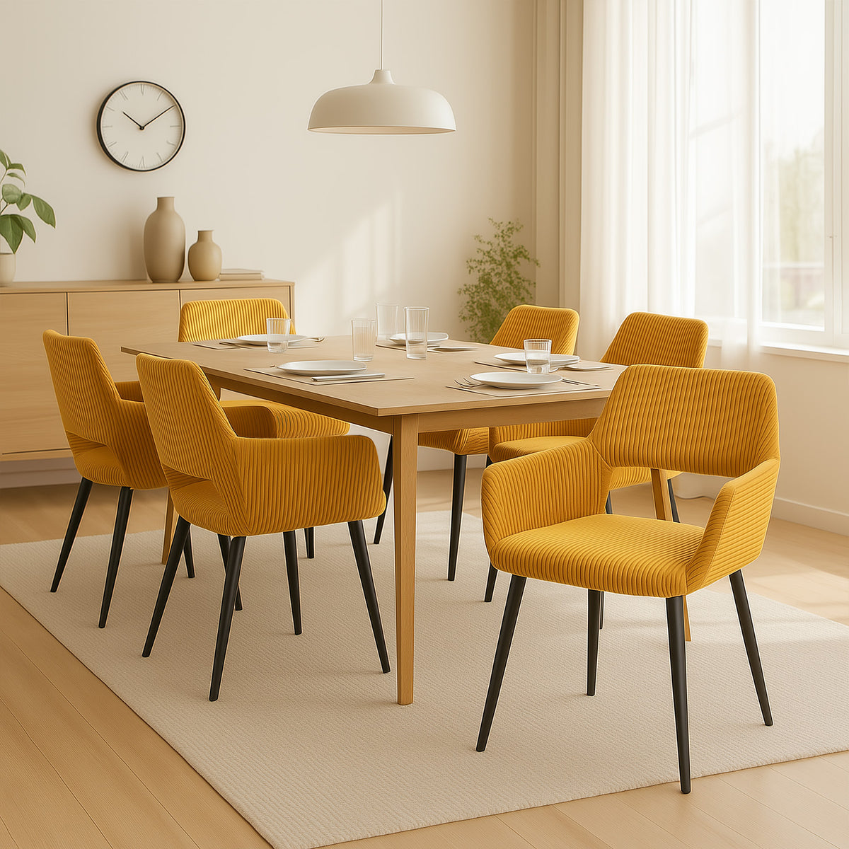 Cromwell - Ensemble de 2 fauteuils de salle à manger scandinaves avec accoudoirs en velours côtelé jaune