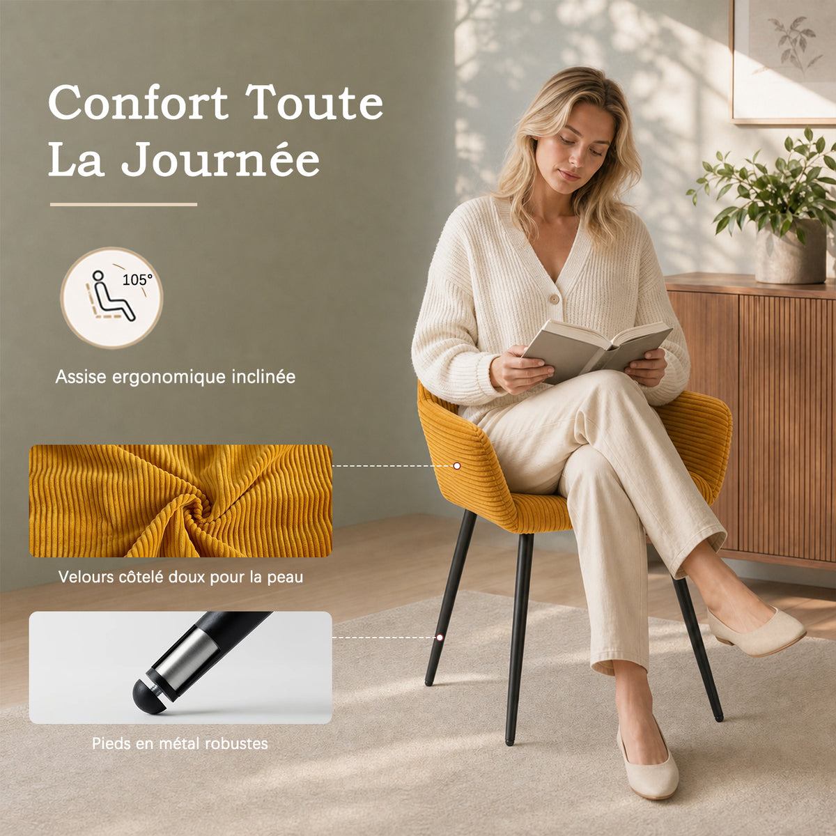 Cromwell - Ensemble de 2 fauteuils de salle à manger scandinaves avec accoudoirs en velours côtelé jaune