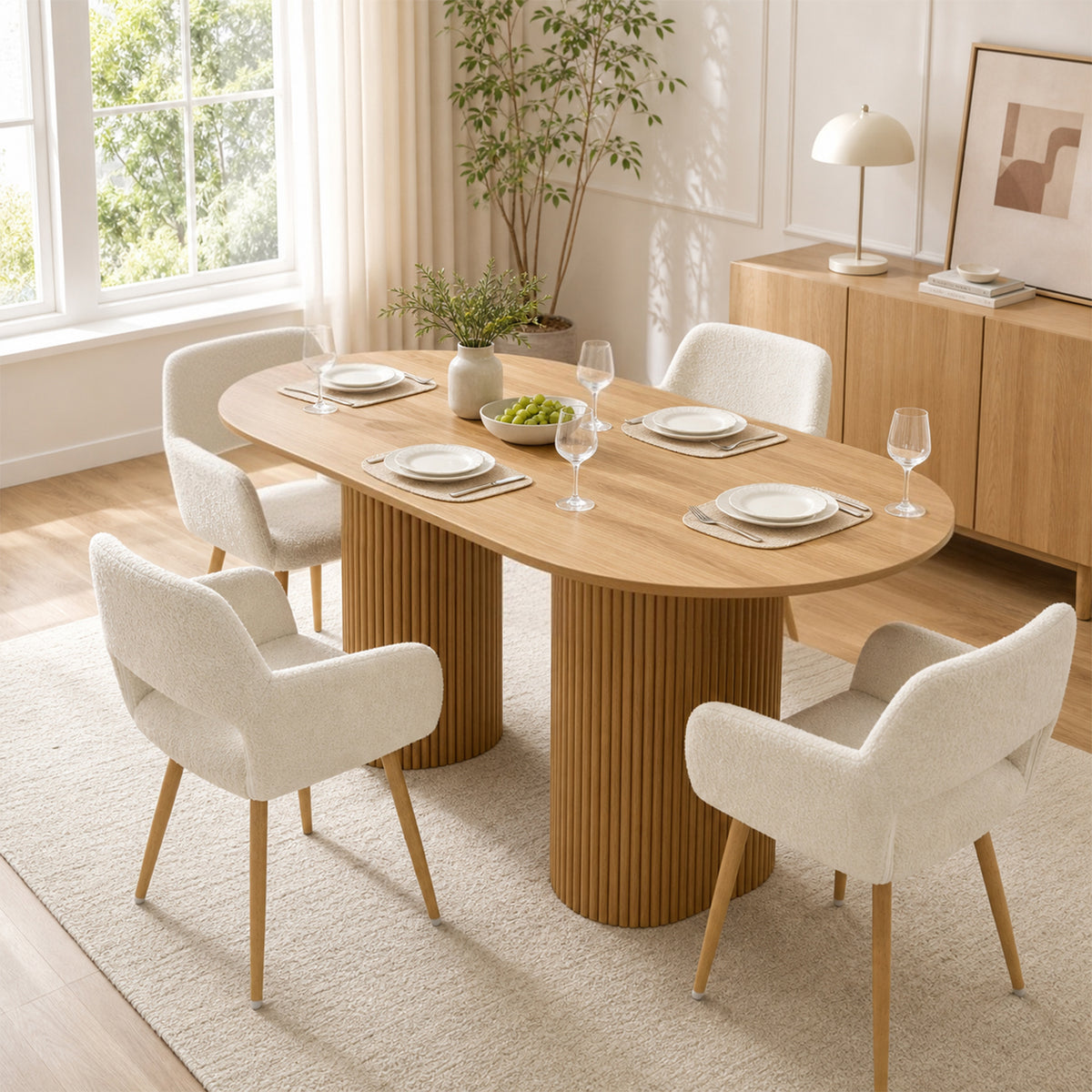 Cromwell - Ensemble de 2 fauteuils de salle à manger scandinaves avec accoudoirs en tissu bouclette beige et pieds imitation chêne