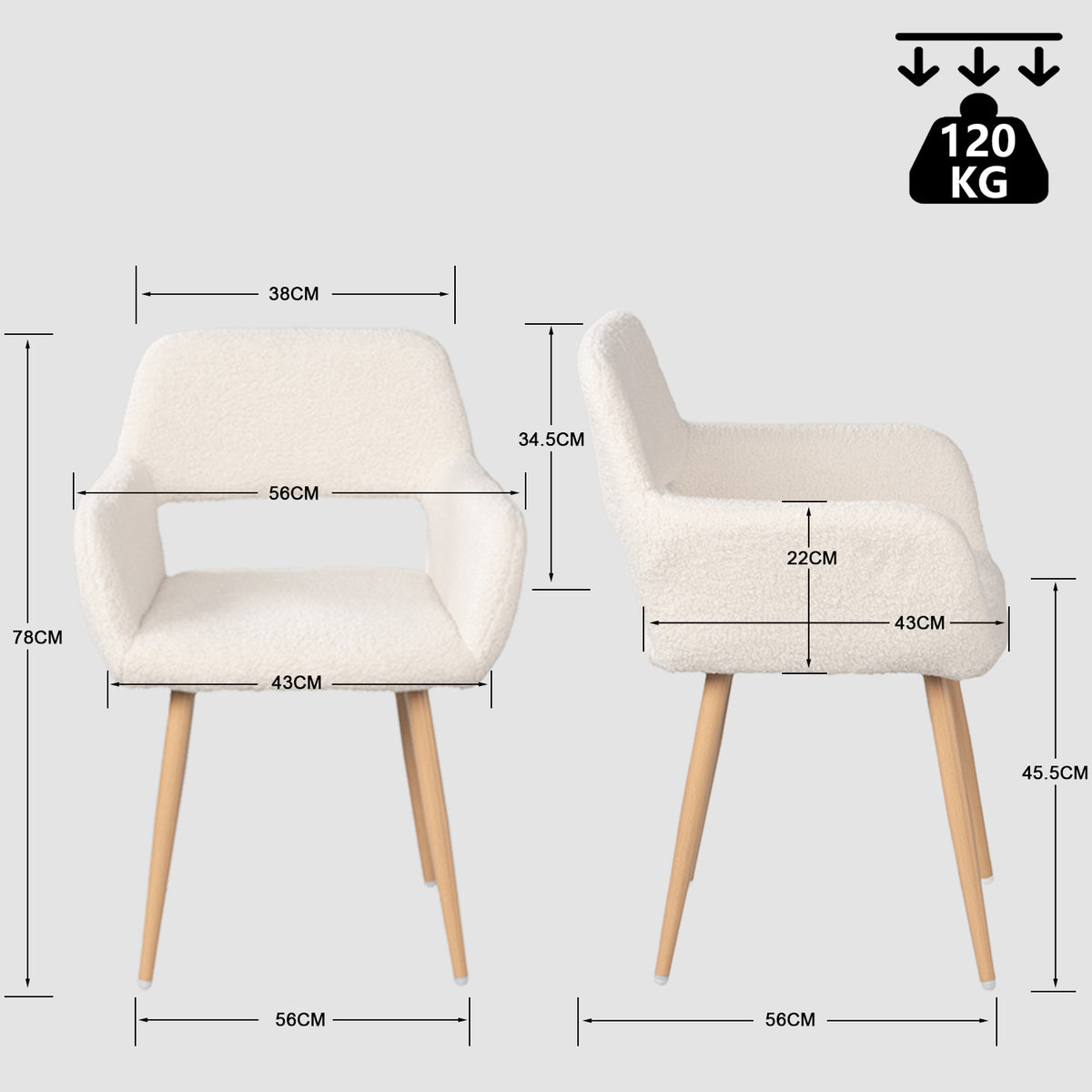 Cromwell - Ensemble de 2 fauteuils de salle à manger scandinaves avec accoudoirs en tissu bouclette beige et pieds imitation chêne
