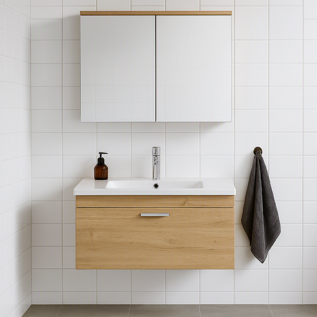 Meuble simple vasque Rubite 1 tiroir 100 cm + miroir armoire