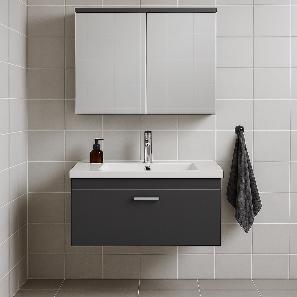 Meuble simple vasque Rubite 1 tiroir 100 cm + miroir armoire
