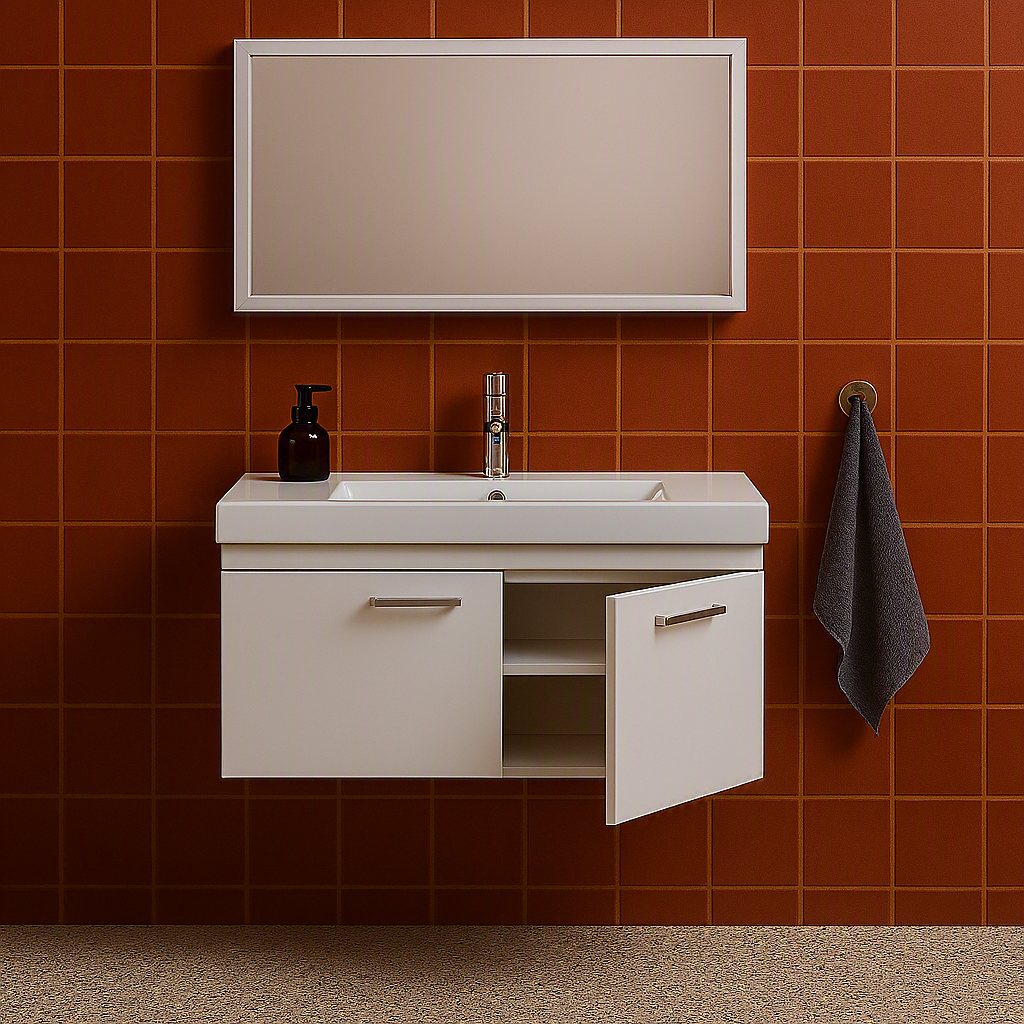 Meuble simple vasque Rubite 2 portes 90 cm + miroir cadre