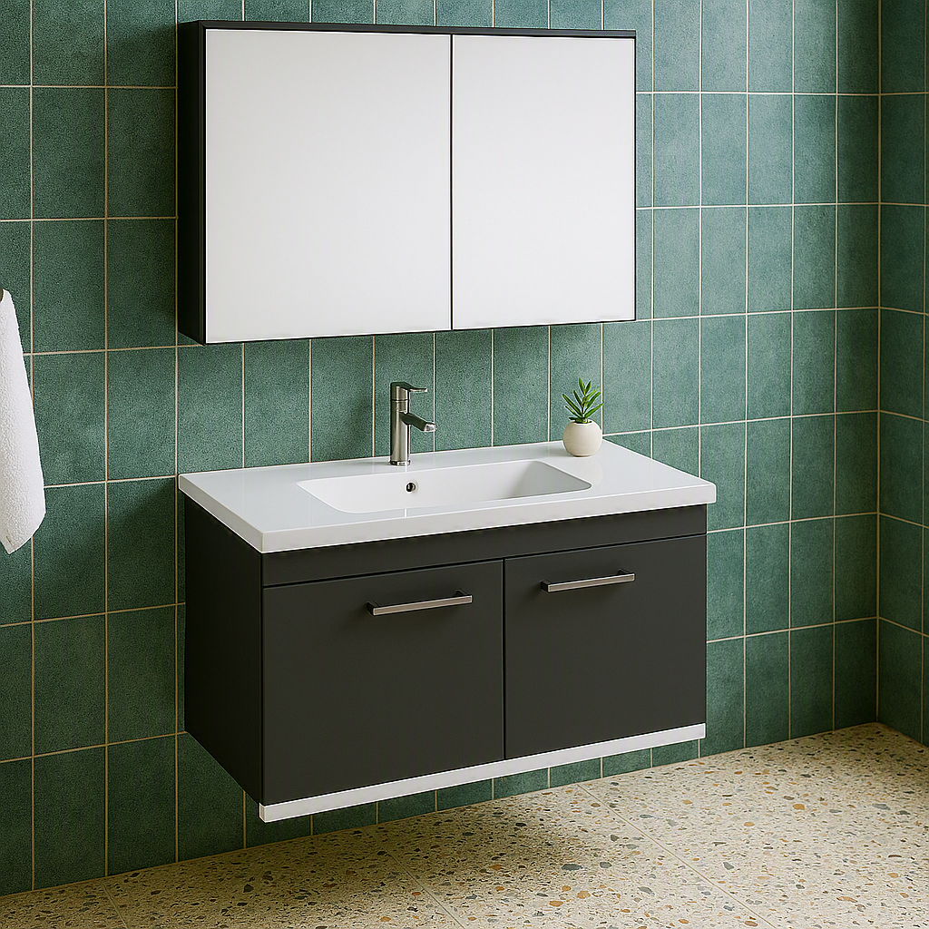 Meuble simple vasque Rubite 2 portes 90 cm + miroir armoire