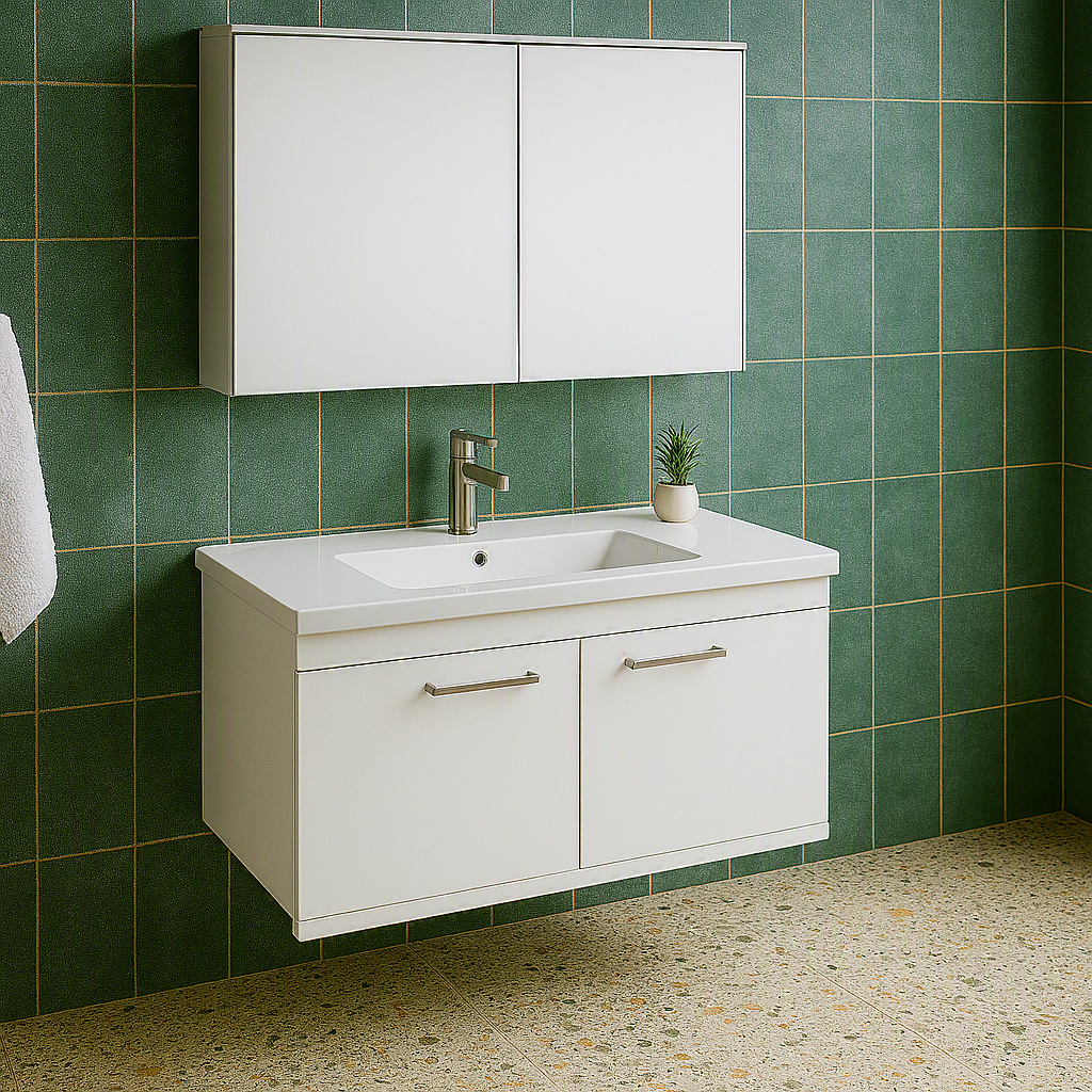 Meuble simple vasque Rubite 2 portes 90 cm + miroir armoire